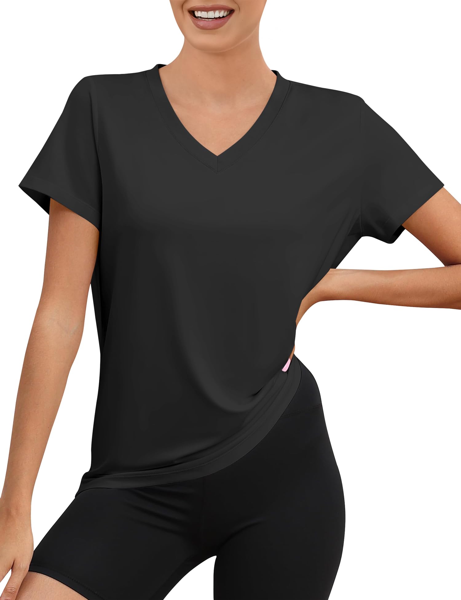 Rapbin Damen V Ausschnitt Sportshirt Kurzarm, UPF 50+ Leichtes Atmungsaktiv Trocken Funktions Sport Oberteile für Fitness Laufshirt Yoga