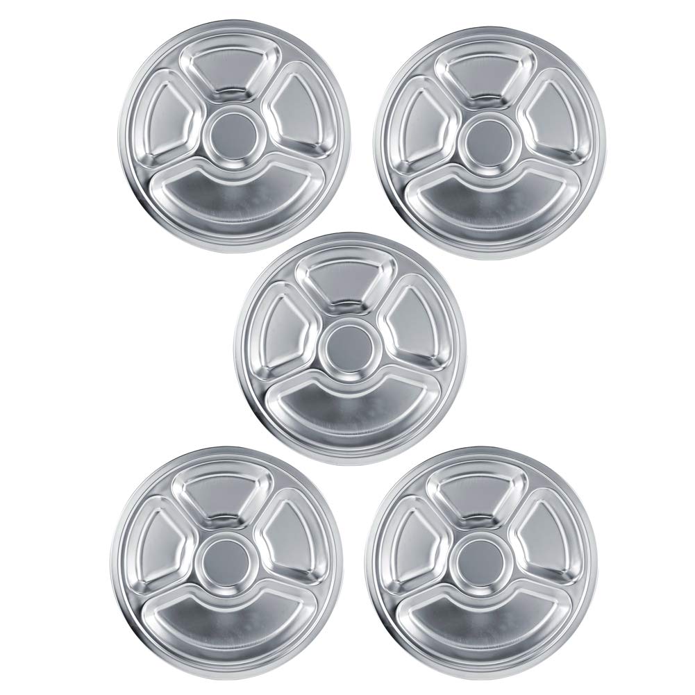 Assiette à dîner, 5 pièces épaissir en acier inoxydable 304 assiette de service ronde divisée réutilisable plateau à dîner vaisselle pour cuisine de cantine