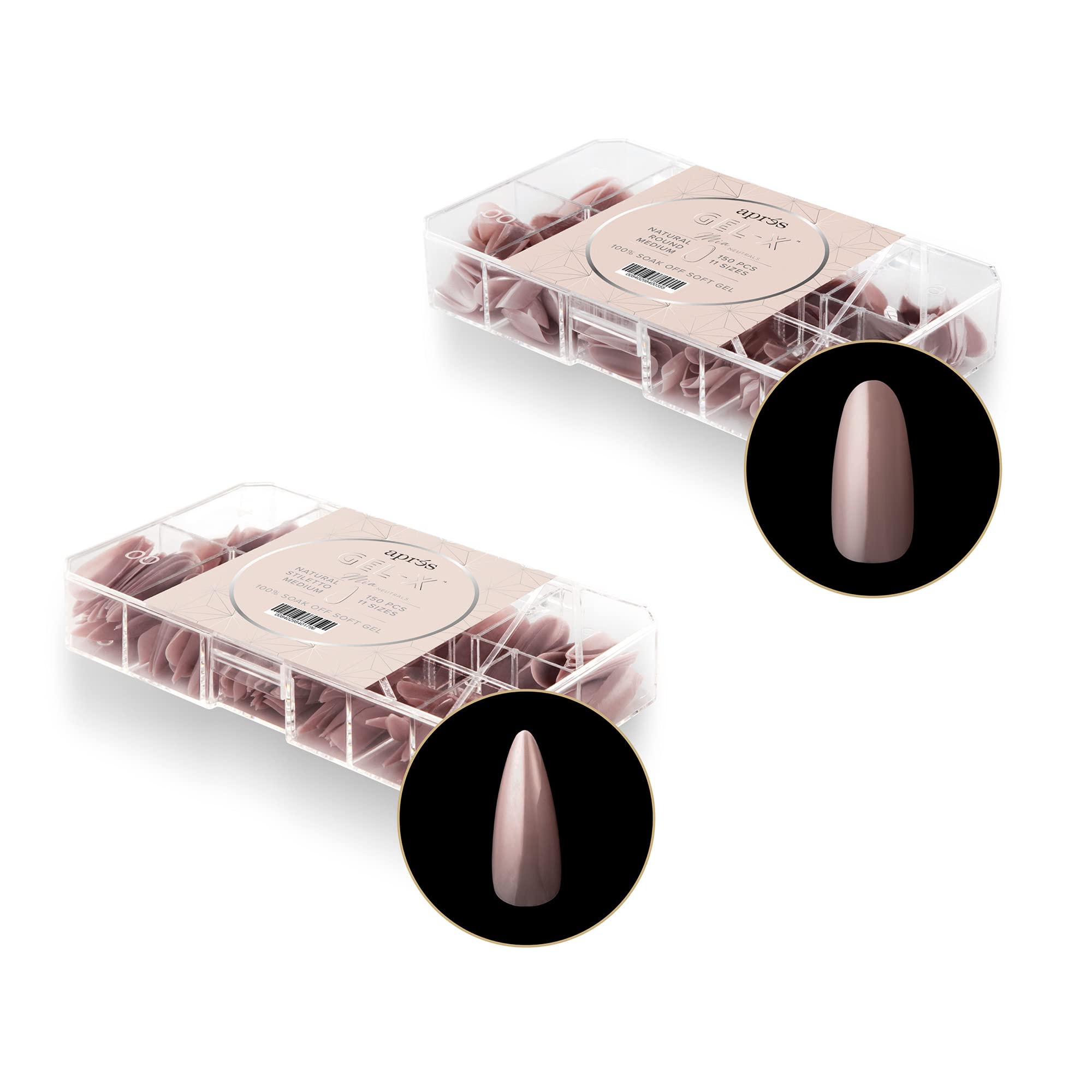 APRÉSNail Neutrals Gel-X Mia Natural Round Medium & Natural Stiletto Medium Box of Tips Bundle | Includes 300 Gel-X Tips | Premium Quality | 11 Sizes 00-9