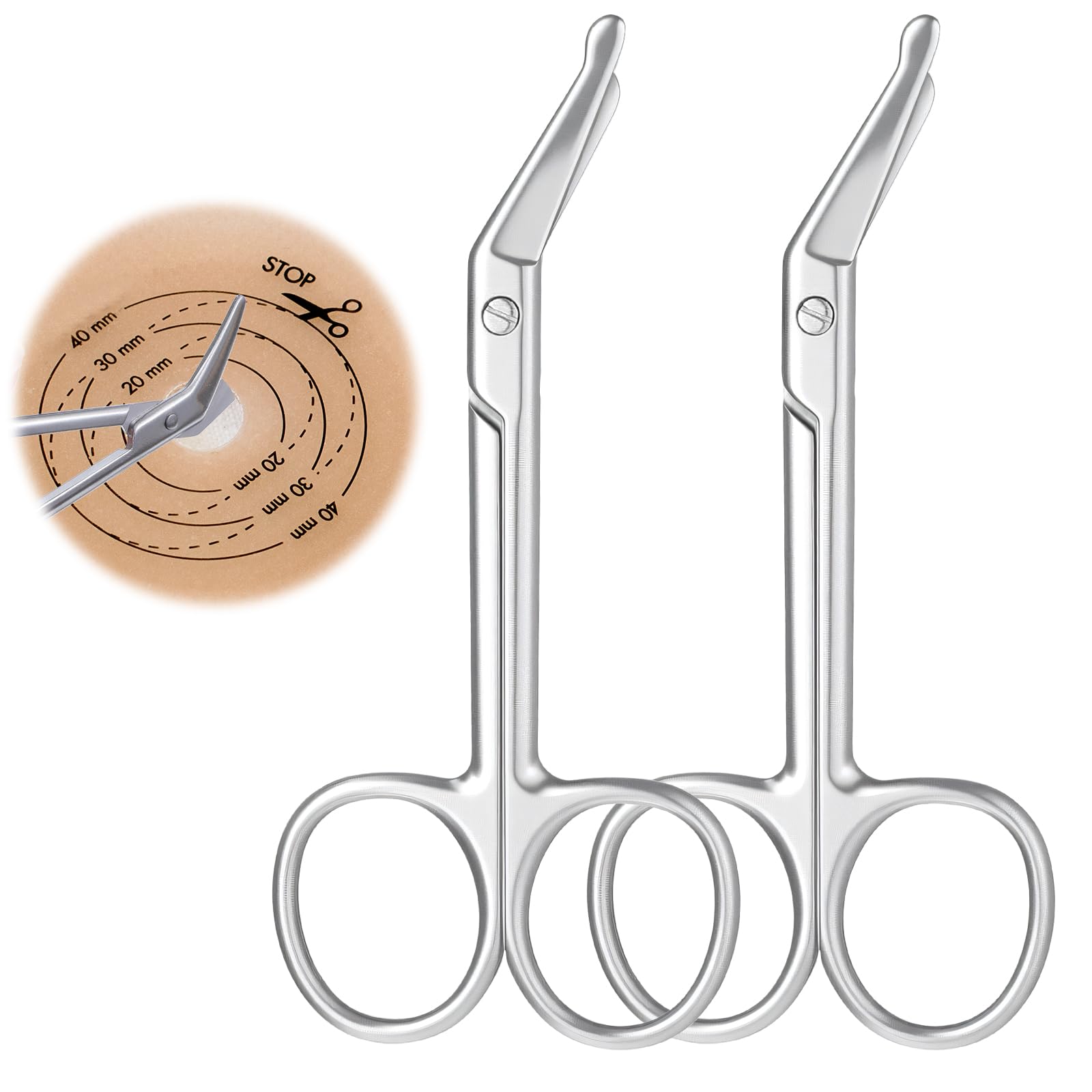 Stomaschere, kleine Verbandschere, Edelstahl, gebogene Schere für Stomaversorgung, Kolostomie, Ileostomie, 11,1 x 5,1 cm, Silber, 2 Stück
