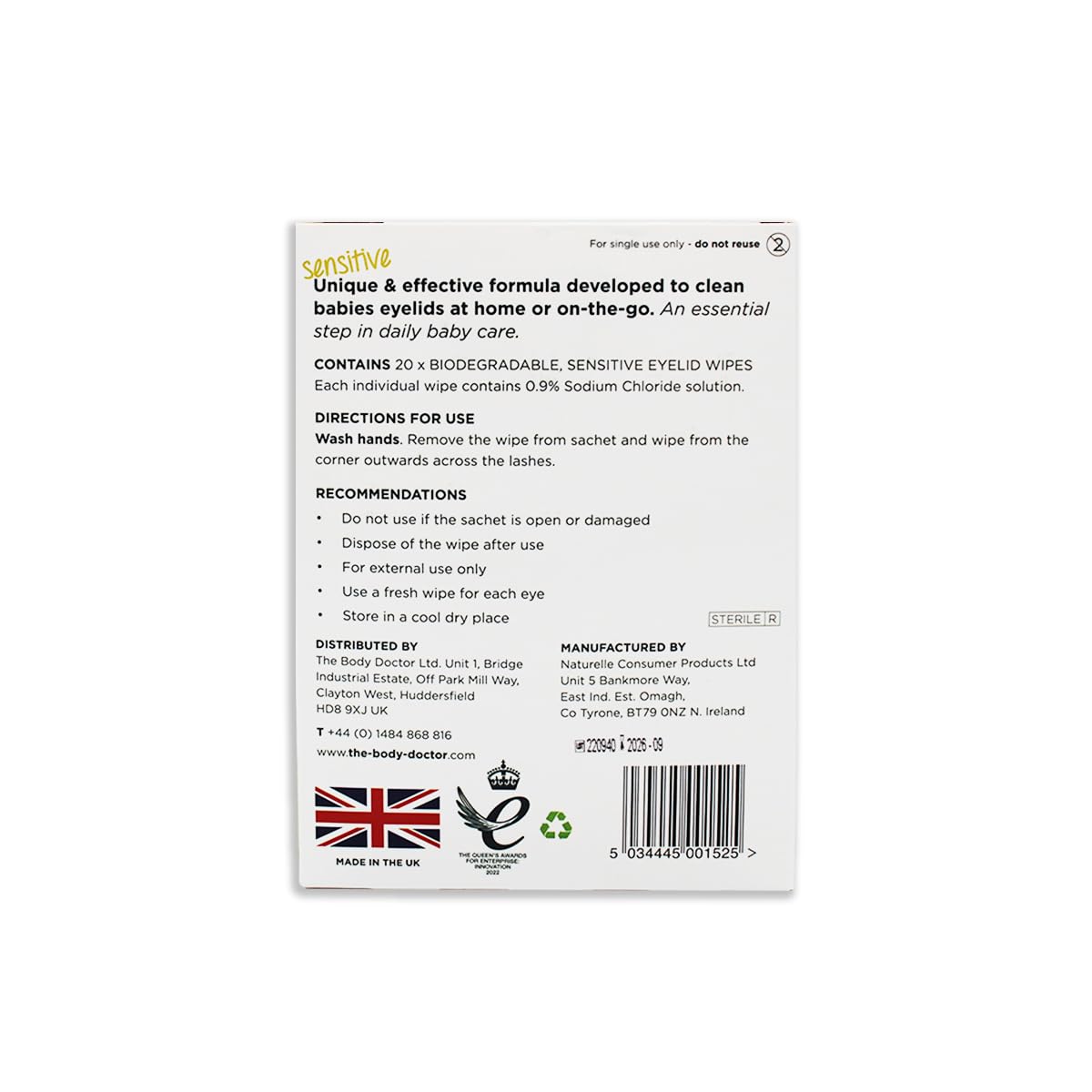 The Eye Doctor Sensitive Baby - Toallitas para párpados de bebé, 200 toallitas estériles seguras para el cuidado diario suave del bebé, sin conservantes, detergentes ni fragancias, envueltas