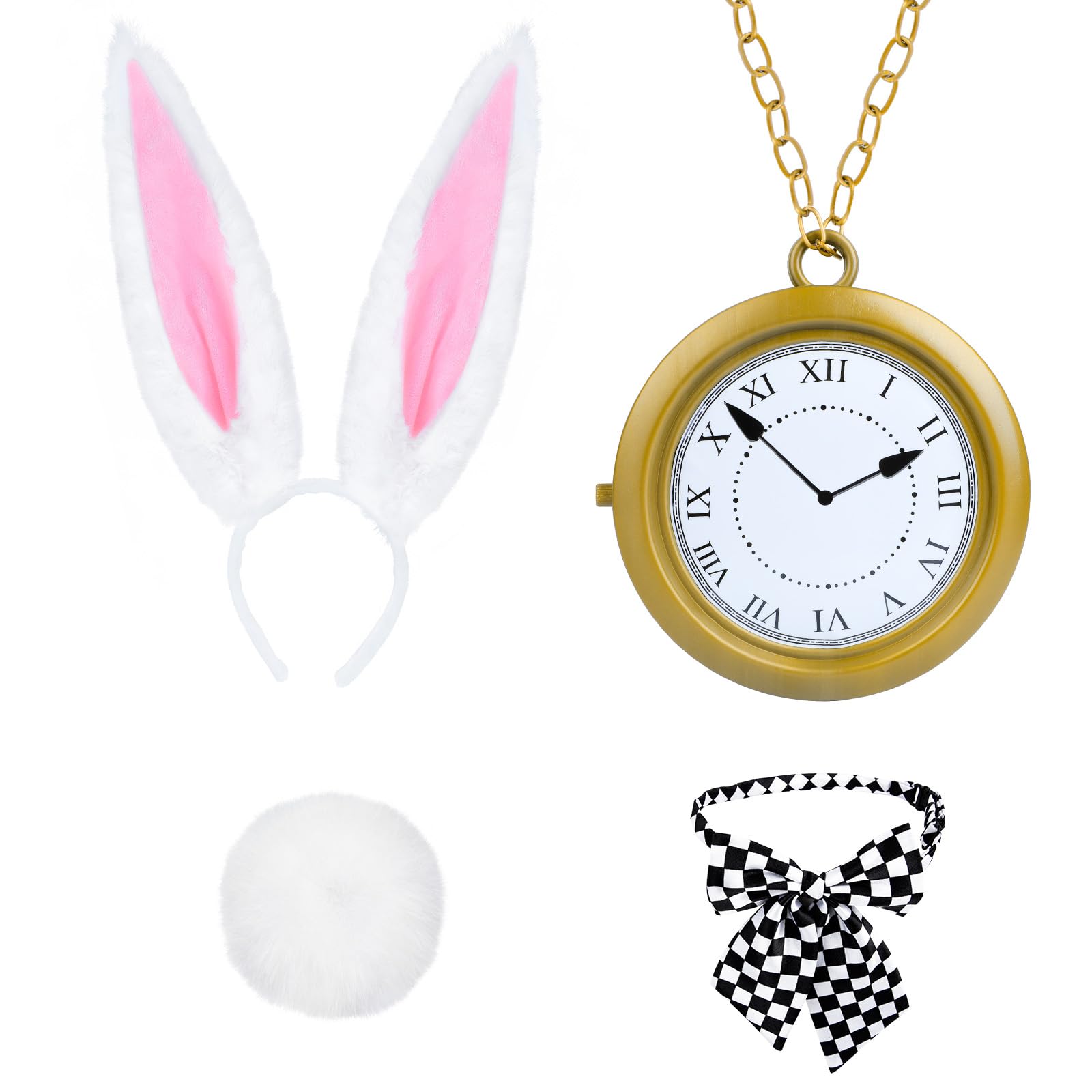Spinosaurus 4Pcs White Rabbit Costume Accessories Sets for Kids Bunny Ears Headband,Bunny Tail Pin,Plaid Tie for Halloween Bunny Costume Dress Up