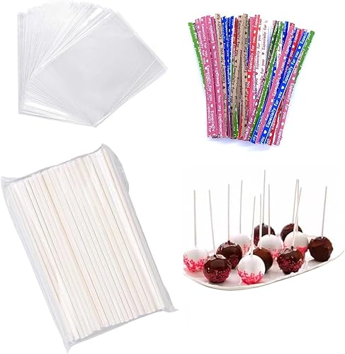 Kit de 300 palitos y envoltorios para tartas, incluye 100 palitos de papel de 6 pulgadas, paquete de 100 bolsas de dulces transparentes, lazos