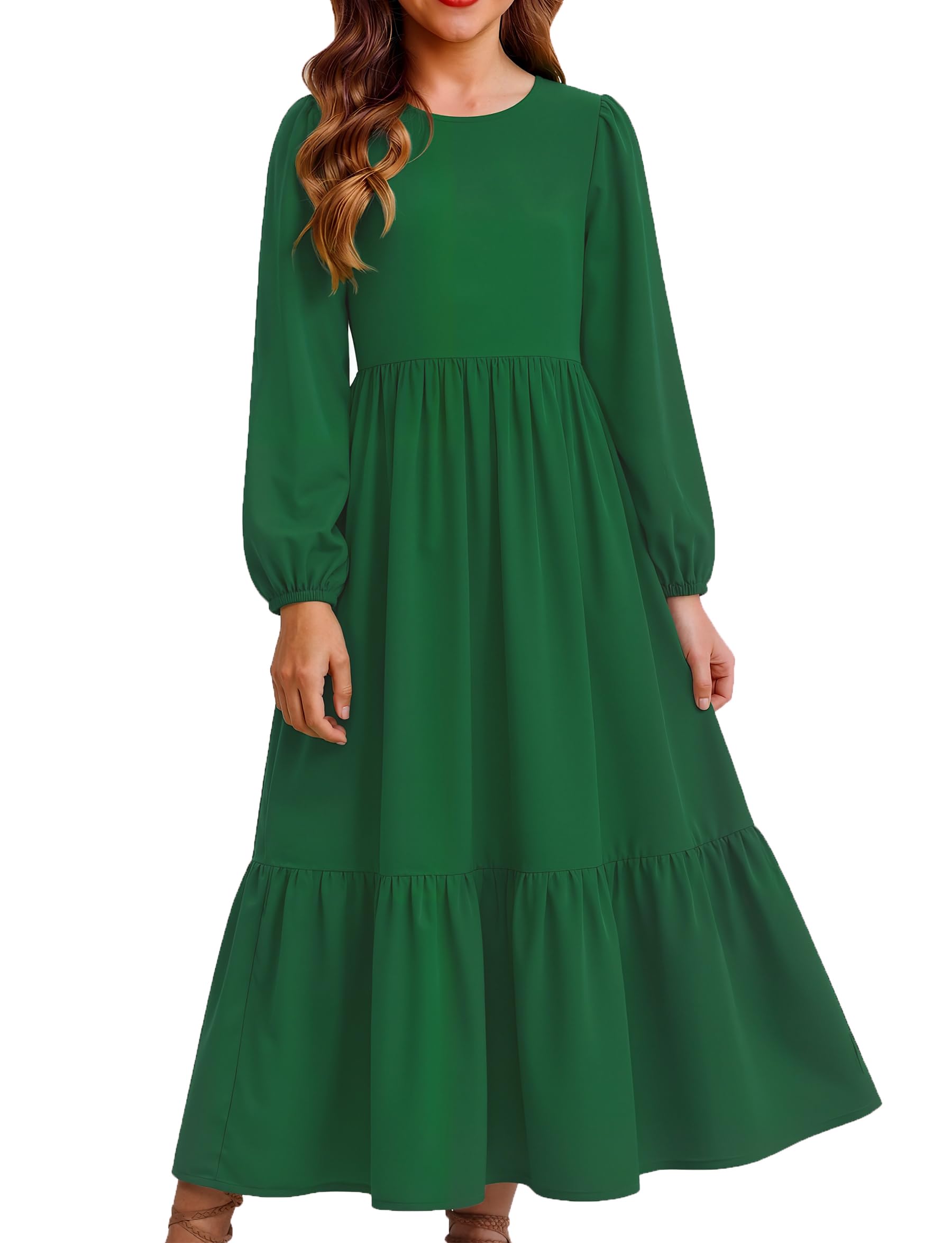 Arshiner Mädchen Kleid Kinder Langarm Rundhals Lang Festlich Partykleid | A-Linie,Laternenärmel,Rüschensaum,Casual Kinderkleid,Herbst und Winter,mit Tasche,Weicher Stoff,6-14 Jahre