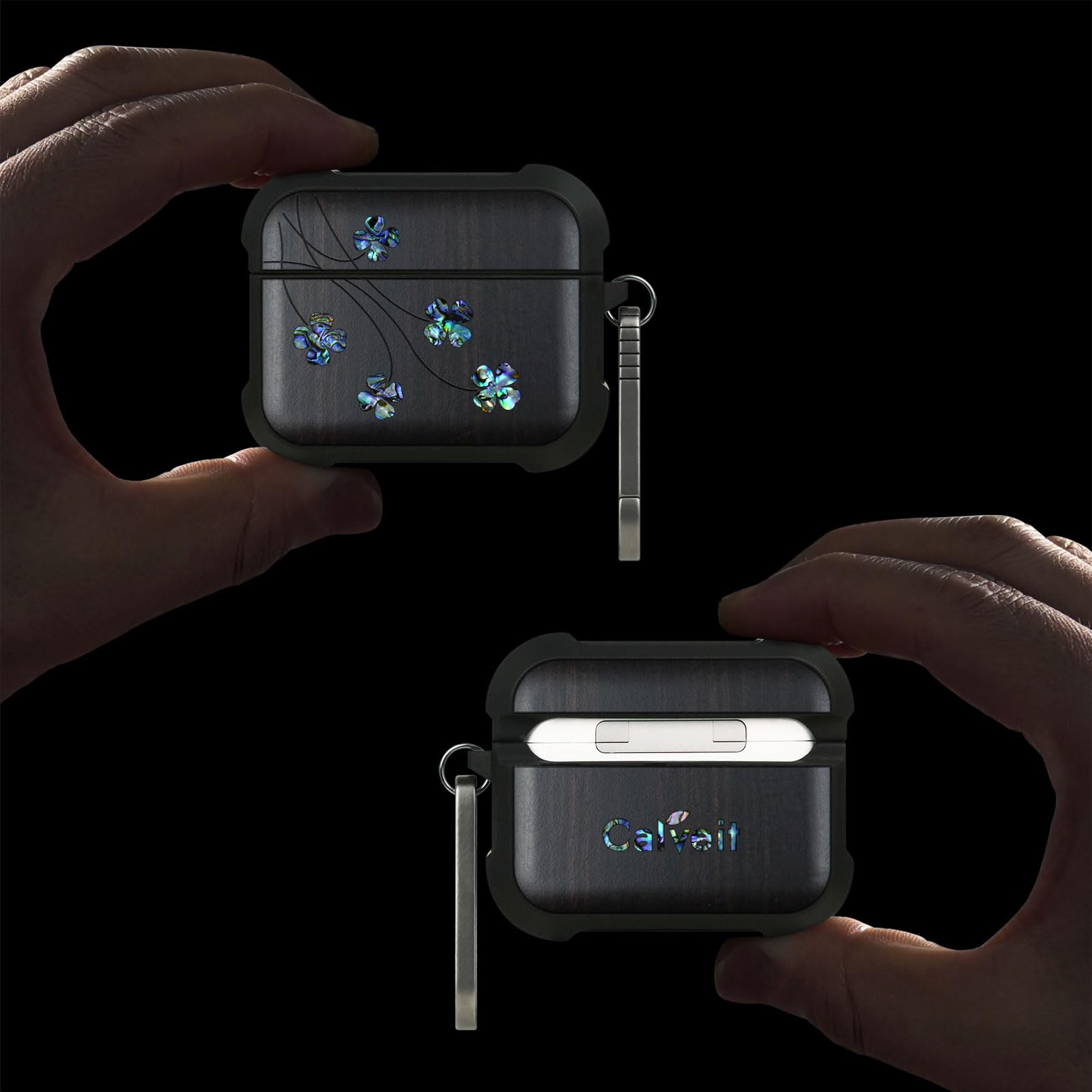 Carveit Etui kompatybilne z AirPods Pro 3 (2025), drewniany grawerunek i muszla, odporne na uderzenia twarde etui kompatybilne z Airpods Pro 3 (ciemne drewno, czterolistna koniczyna)
