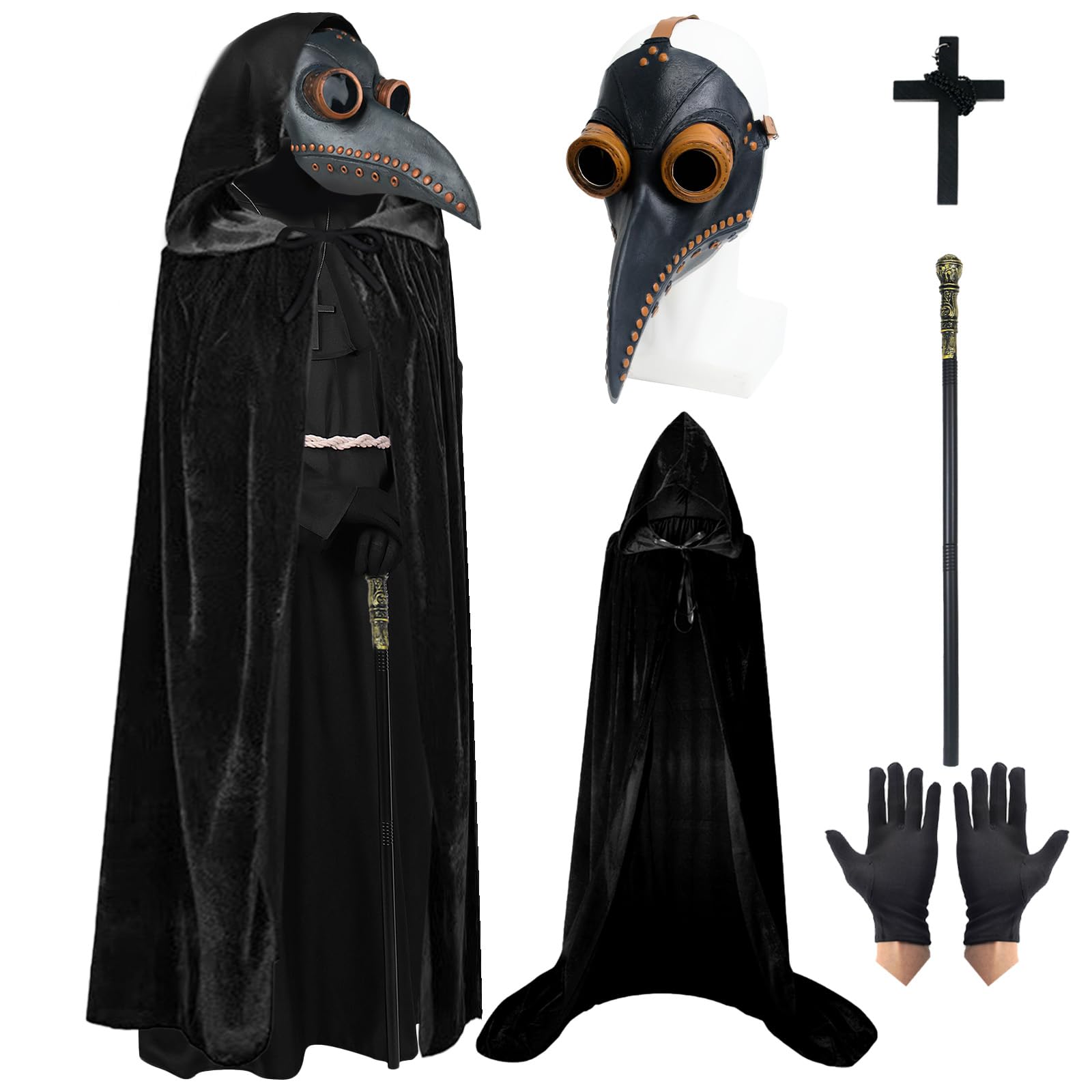 5PCS Plague Doctor Costumes Set, Long Nose Bird Beak Mask Steampunk Mask with Hooded Cloak, Black Gloves, Cane Cross Necklace Retro Cosplay Outfit for Halloween Costume Party