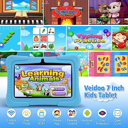 Image of Veidoo Kids 7 inch Android Tablet PC, 2GB RAM, 32GB ROM, Safety Eye Protection, WiFi, Dual Camera, Games, Parental Control APP, Blue Silicone Case