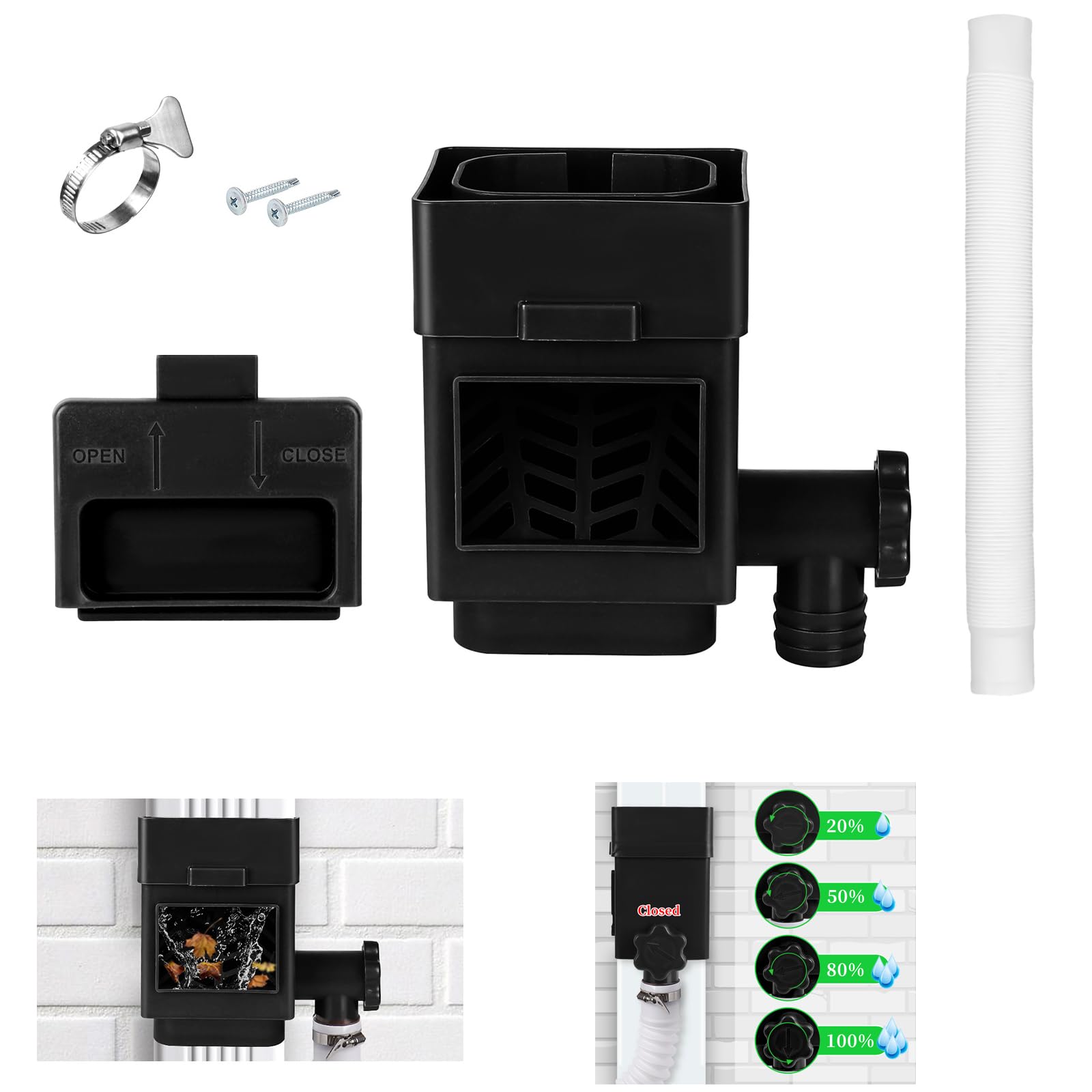 Kit desviador de barril de lluvia, desviador de bajante para bajante estándar de 2 x 3 pulgadas o 3 x 4 pulgadas, sistema de recogida de agua de lluvia con válvula ajustable y filtro, manguera de 5