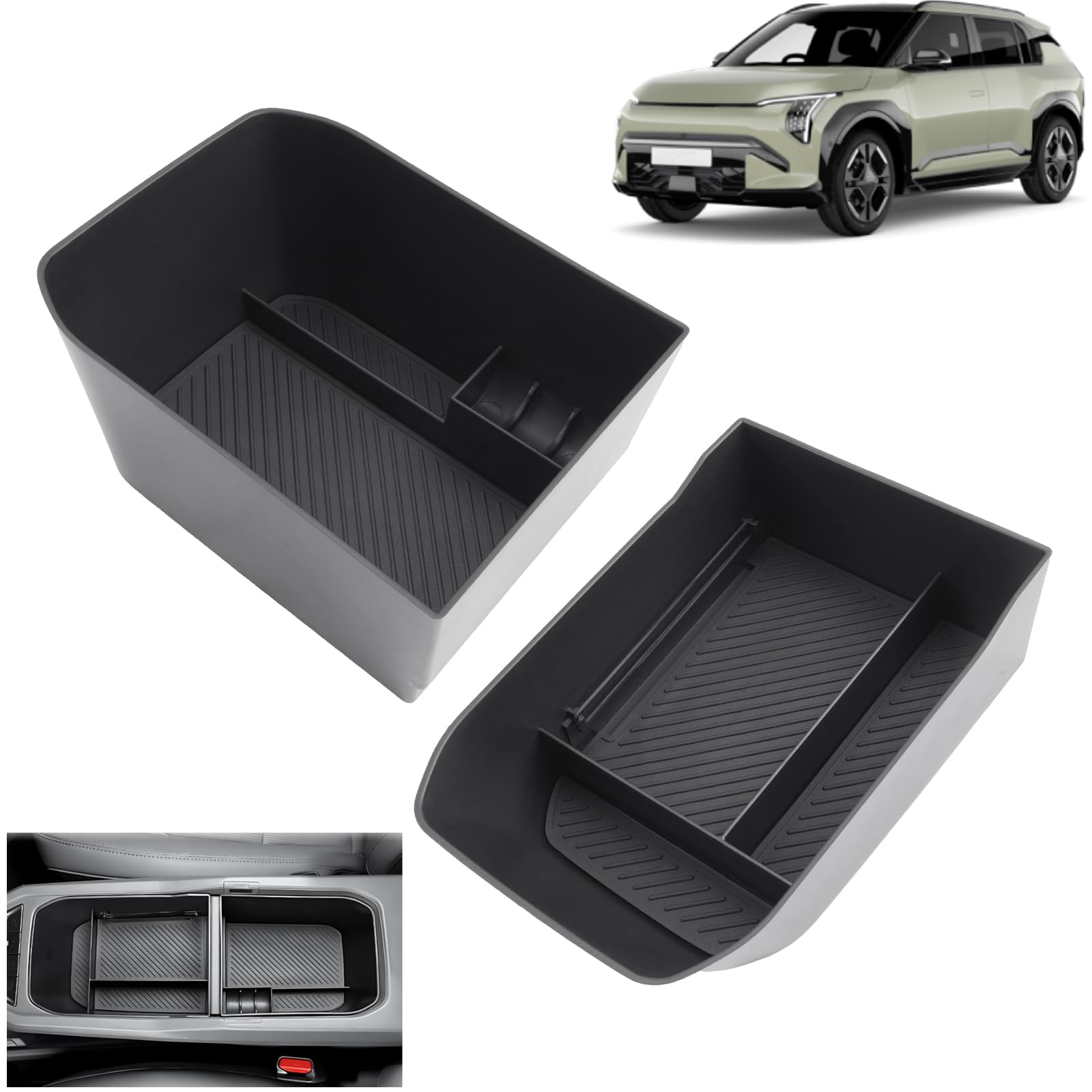 GAFAT Kompatibel mit Neu Kia EV3 GT Line 2025 2026 Mittelkonsole Aufbewahrungsbox, Armlehne Organizer Tray Ablagen, mit Rutschfeste Matten Abwaschbar, EV3 Zubehör 2025 [2 Stück]