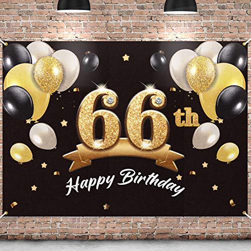 PAKBOOM Happy 66th Birthday Banner Backdrop - 66 Birthday Party Decorations Supplies for Men - Black Gold 4 x 6ft
