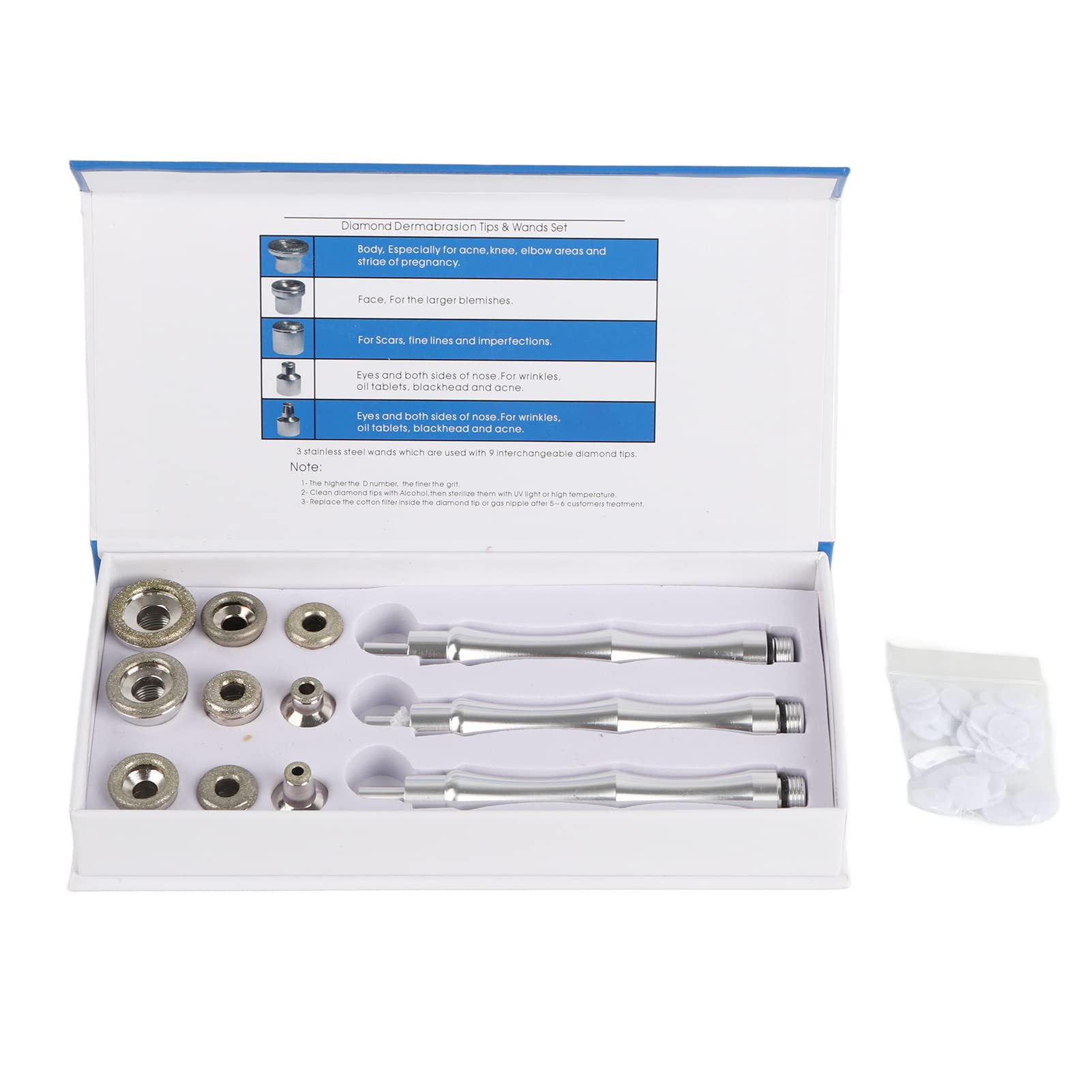 Replacement Diamond Dermabrasion Tips Kit, Stainless Steel Filter Set include 1 x 9pcs Diamond Tips, 3 x Stainless Steel Handle and 1 x Pack of Sponges