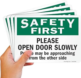 SmartSign Please Open Door Slowly Safety Sticker Labels - 5x7 Inch Pack of 4, Durable 5 mil Laminated Polyester, Aggressive Adhesive, Made in USA