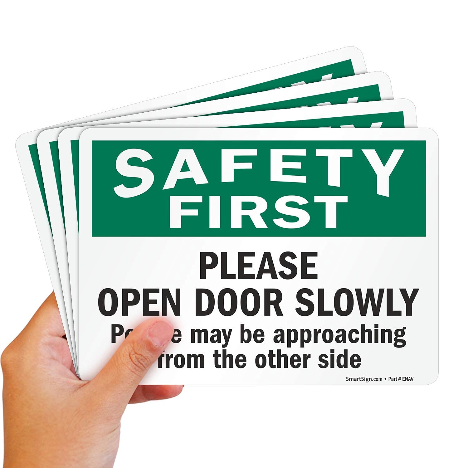SmartSign Please Open Door Slowly Safety Sticker Labels - 5x7 Inch Pack of 4, Durable 5 mil Laminated Polyester, Aggressive Adhesive, Made in USA