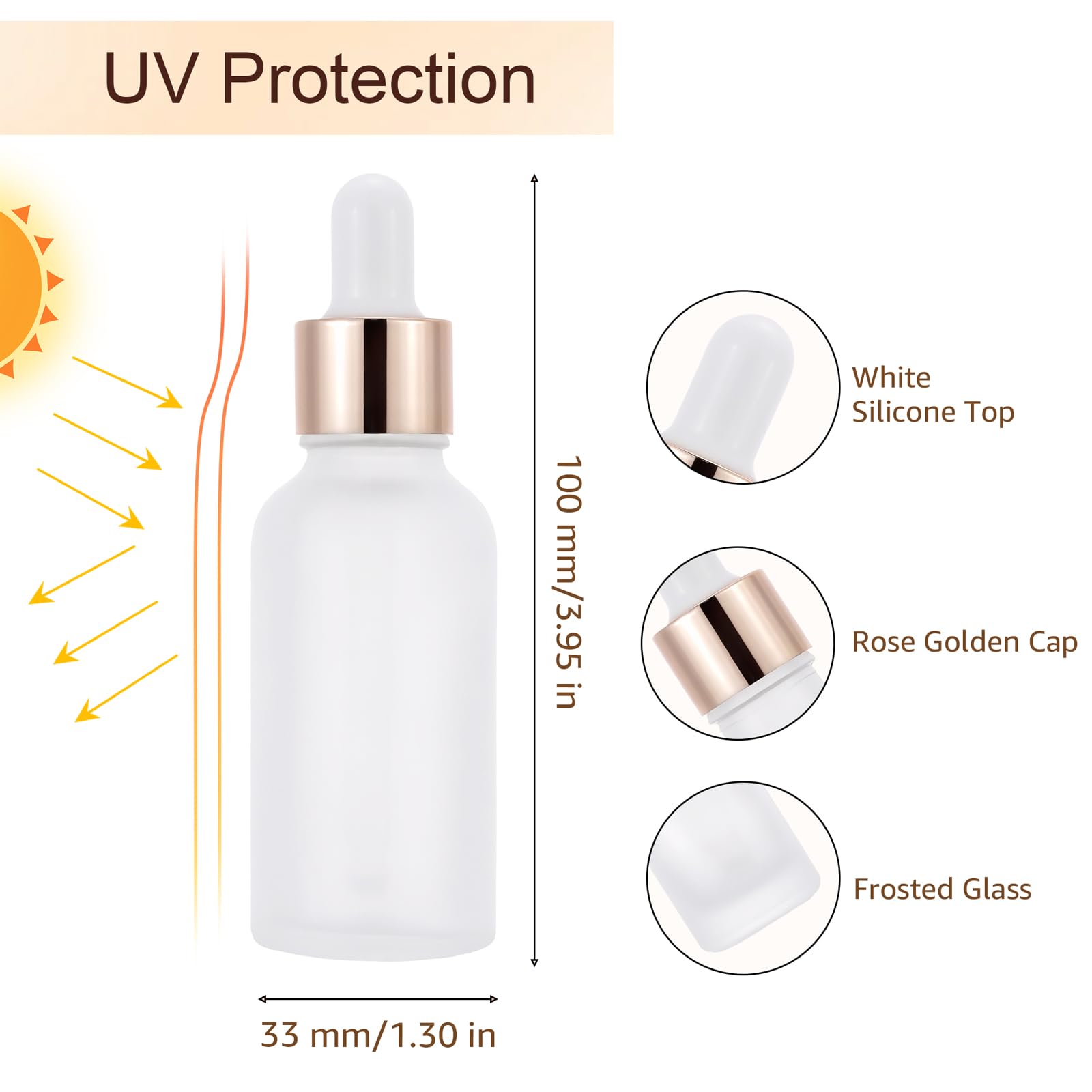 Paquete de 30 frascos cuentagotas de vidrio esmerilado de 30 ml para aceites esenciales, botellas cuentagotas de ojos de 1 onza con tapas de oro rosa para viajes, pequeños frascos de tintura de