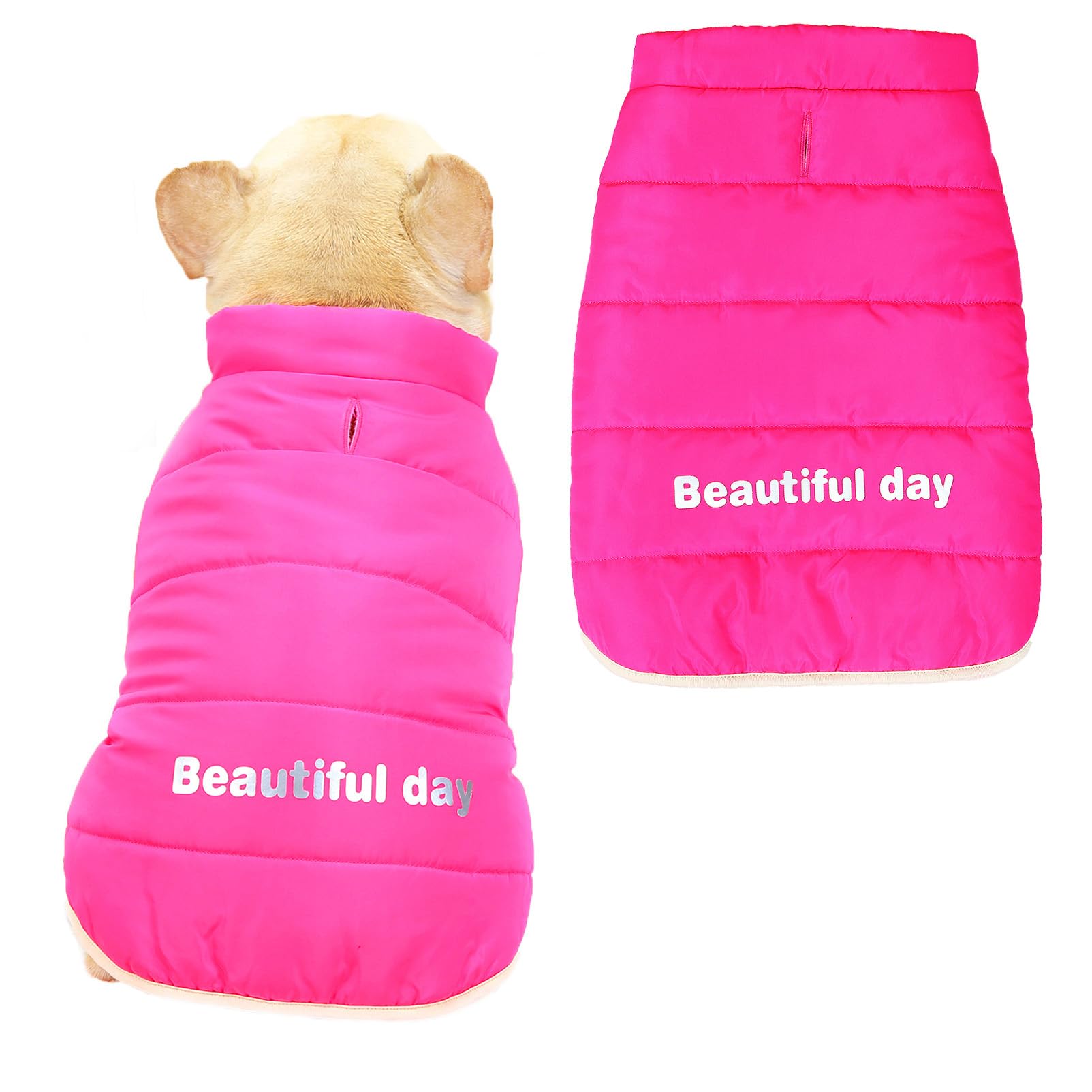 SMALLLEE_LUCKY_STORE Fleece Lined French Bulldog Coats for Small and Medium Dogs, Pet Jackets Vests with Leash Hole, Puupy Cotton Padded Snowsuit Pug Boston Terrier Cat Clothes, Pink, XXL