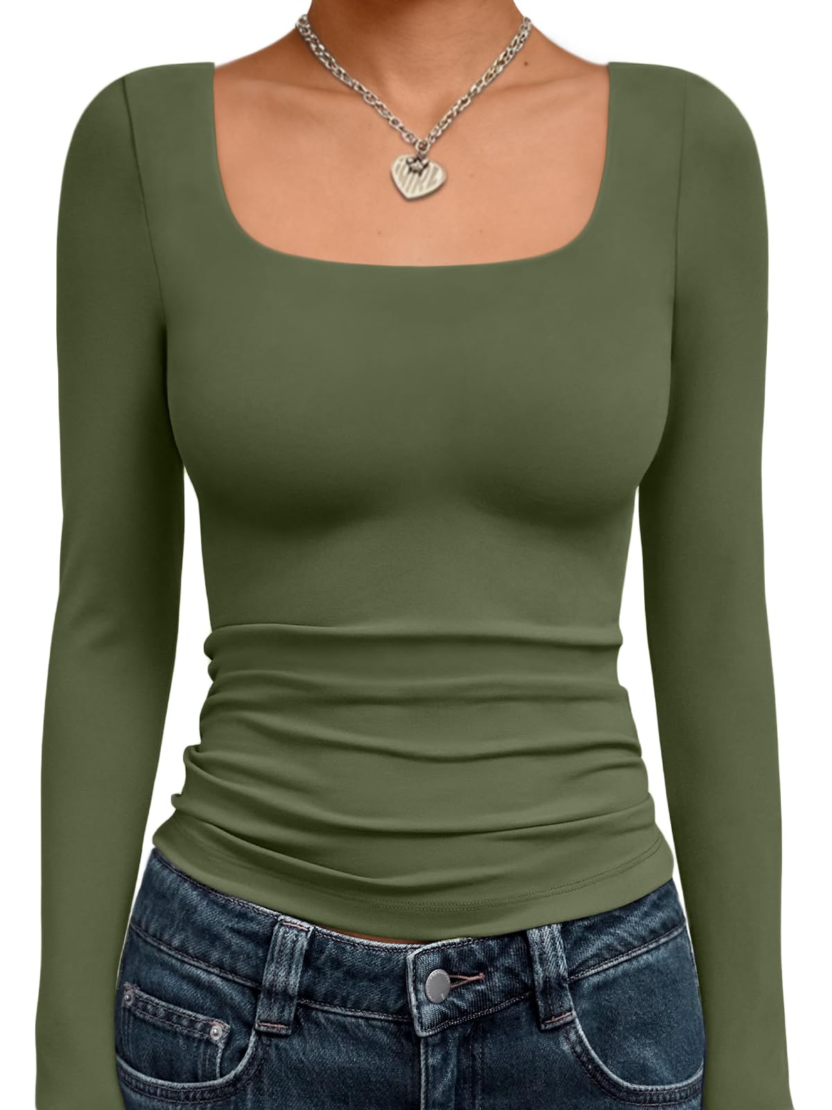 Trendy Queen Womens Long Sleeve Shirts Crop Tops Basic Double Layering Tight Slim Fit Y2K T Shirts Winter Clothes 2024