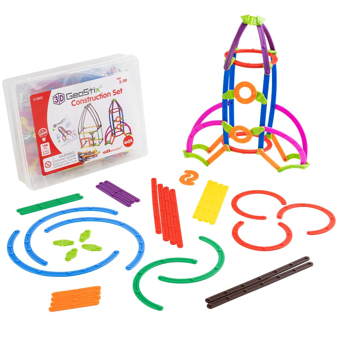 edxeducation GeoStix 3D Construction Set | 110 Connecting Toys in 10 Colours | STEAM Building Toy | Construct 2D and 3D Shapes