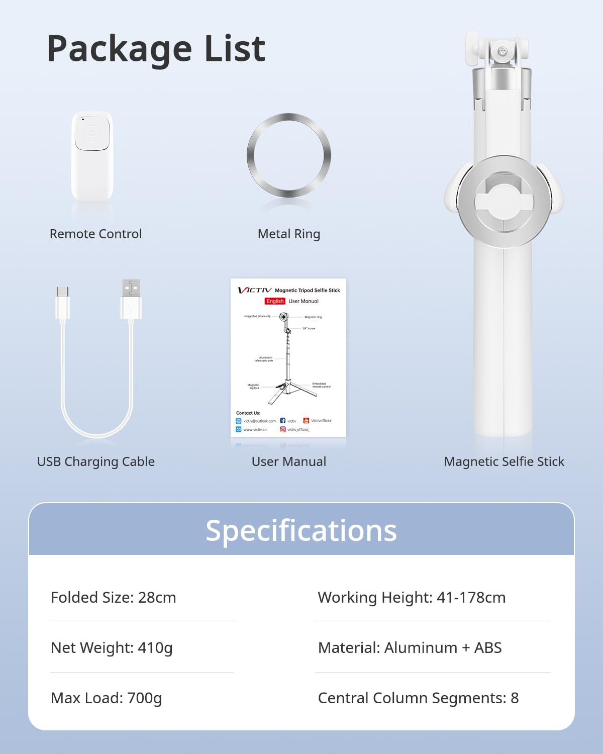 Victiv 178cm Magnético Tripode para Movil, Tripode Magsafe Palo Selfie para iPhone 17 16 15 14 13 12 Pro MAX & Android, Trípode Móvil Extensible Selfie Stick con Control Remoto Desmontable -Blanco