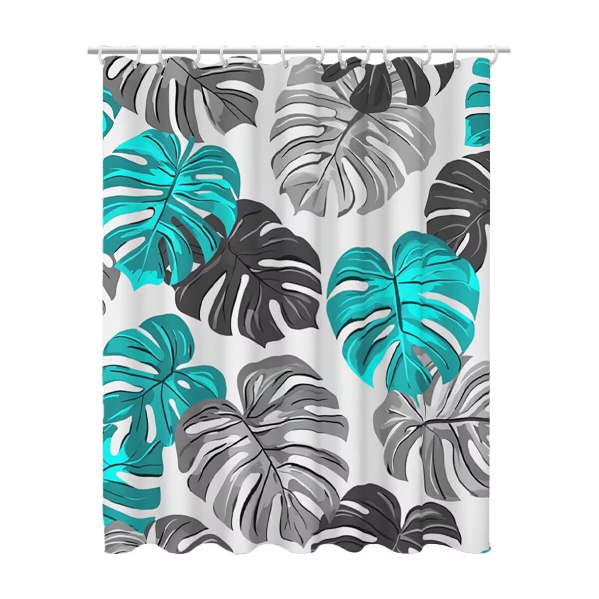 Grau Duschvorhang 240x200, Duschrollo mit 12 Duschvorhang Haken, Blatt Shower Curtains Beschwerter Saum, Waschbar Polyester Stoff Wasserdicht Extra Lang für Badewanne Badezimmer Deko, Geschenke -3281