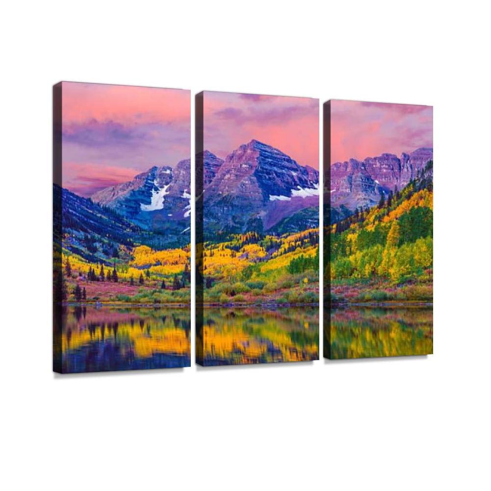 Maroon Bells Autumn Aspen Trees,Lake Reflections,Aspen Colorado Print On Canvas Wall Artwork Modern Photography Home Decor Unique Pattern Stretched and Framed 3 Piece