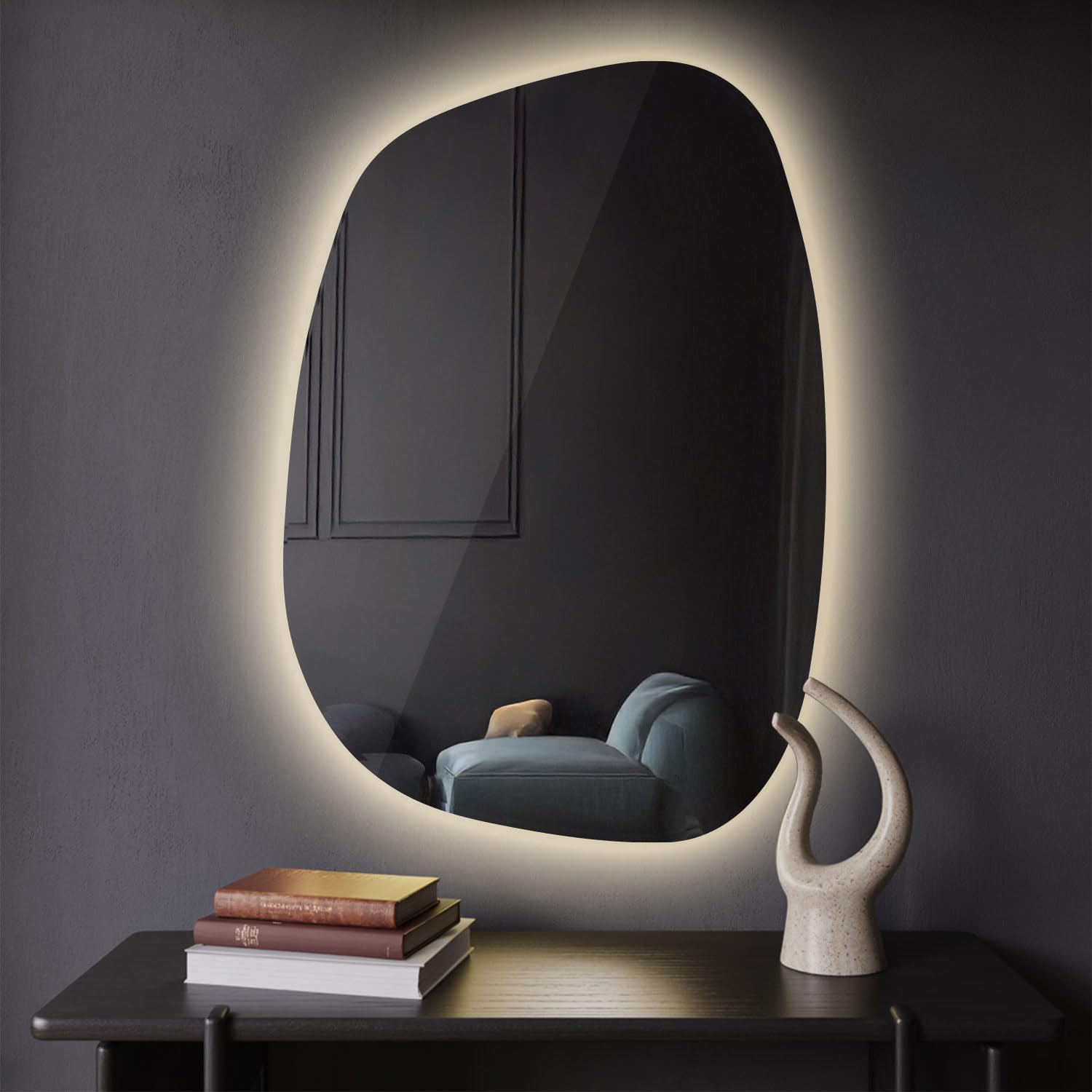 Miroir Lumineux LED Tulup 90,9x66 Cm - Forme Organique Asymétrique - Blanc Chaud, Neutre Ou Froid - Pour Salle De Bain, Chambre