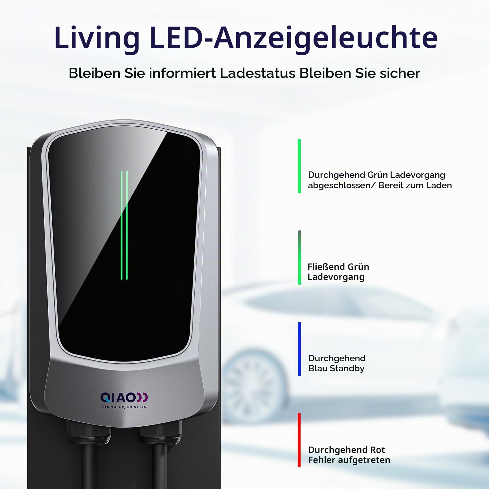 QIAO)) Wallbox 11kW – 3-phasig 16A 400V Typ 2 EV-Ladegerät mit 5m Ladekabel, LED-Anzeige und Kabelhalter –für VW ID.3/4/7, Škoda Elroq/Enyaq, Tesla 3/Y, BMW iX1/iX3, Audi Q4 e-tron, Cupra Born