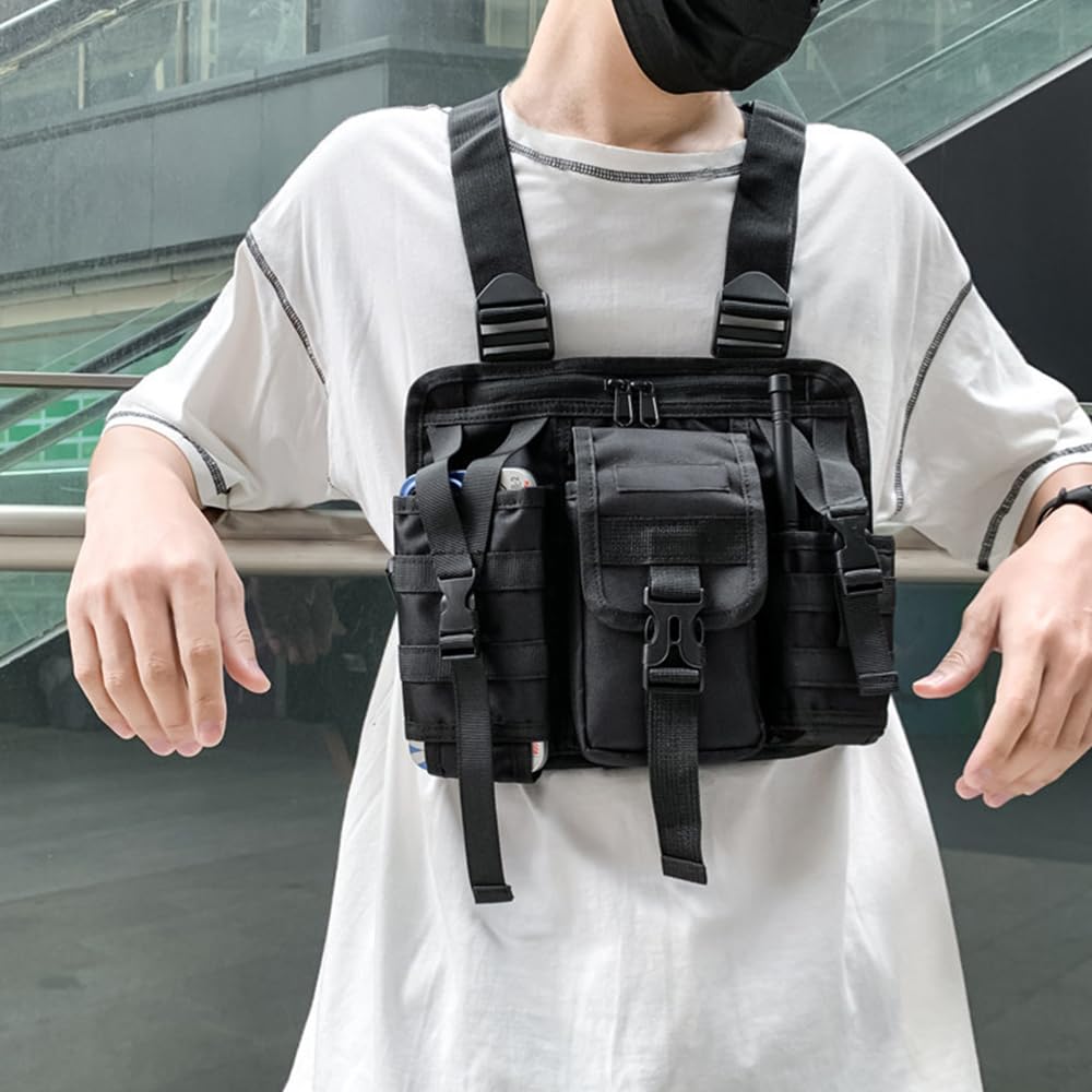 DONGKER Taktyczna torba na klatkę piersiową, wodoszczelna torba taktyczna na klatkę piersiową, z wieloma kieszeniami, regulowane radio walkie talkie torba do biegania, wędrówek, treningu, spacerów