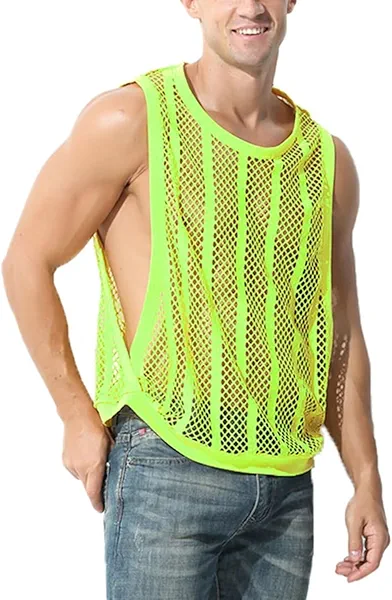 HASWECHYS Mens See Through Fishnet Tank Tops Sleeveless Stripe Mesh Fitted Muscle Top Workout Beach Shirts