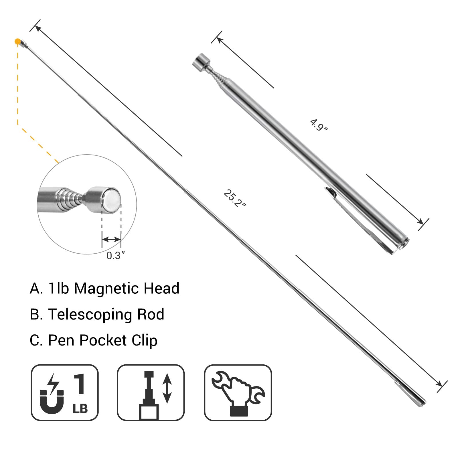 3 Pieces Telescoping Magnetic Pick Up Tool Grabbers Reacher Tools With Pocket Clip, 25 Inch Telescopic Retrieving Magnet, Telescoping Magnetic Grabber