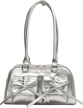 Womens Handbag PU Leather Bow Y2K Cute Shoulder Bag Handbag Lightweight Stylish Shoulder Bag Wallet Silver