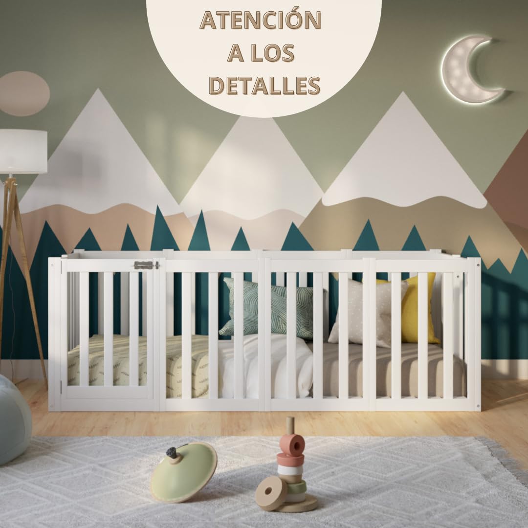 Cama Montessori 190x90 cm - Cama Infantil con Protección contra Caídas 73cm y Barrera Abrible - Camas Infantiles Superficie Lisa niños y niñas - Blanco