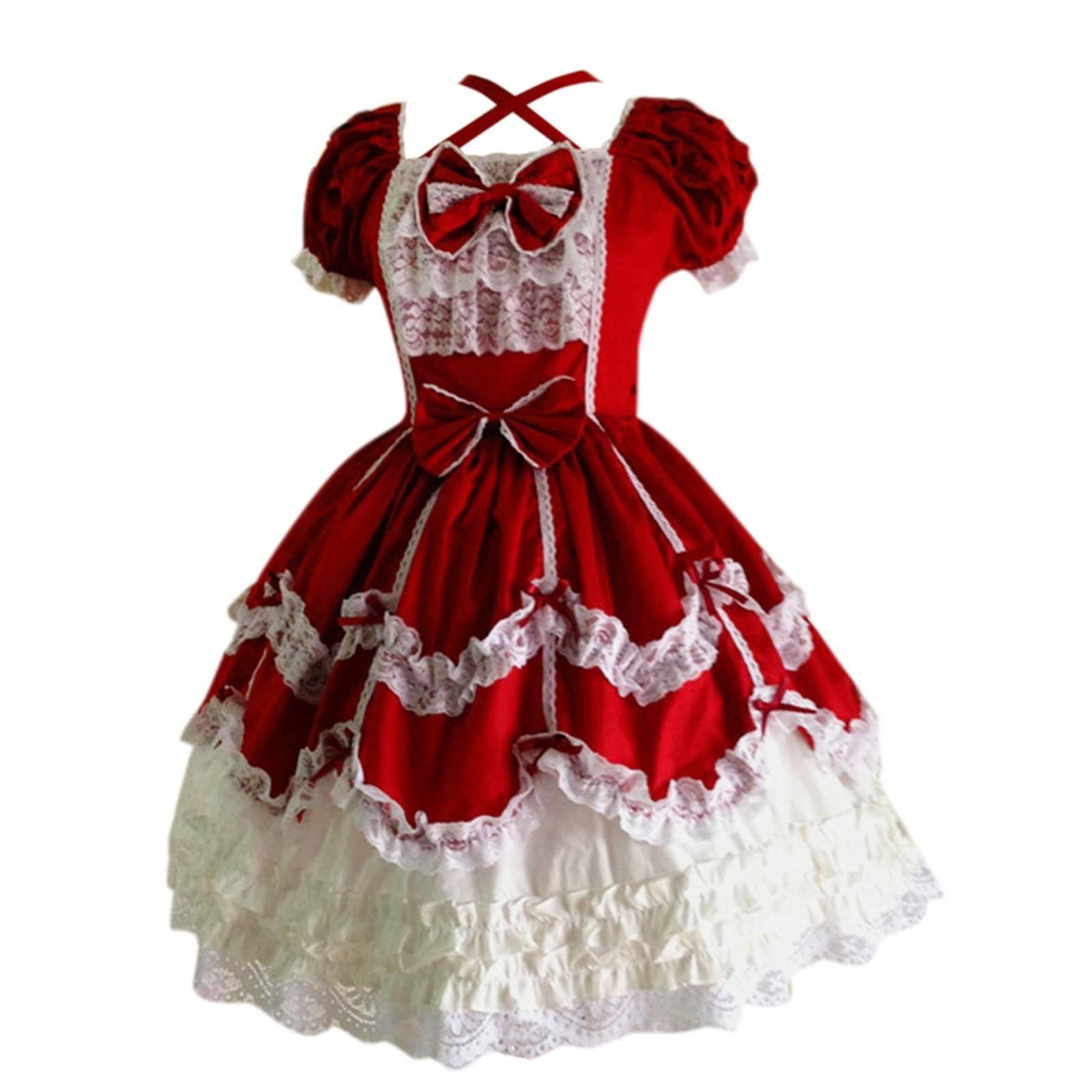Japoński styl lolita kobiety sukienka w stylu Vintage gotycka kokarda koronkowa falbana z krótkim rękawem Patchwork sukienek Cos kostium