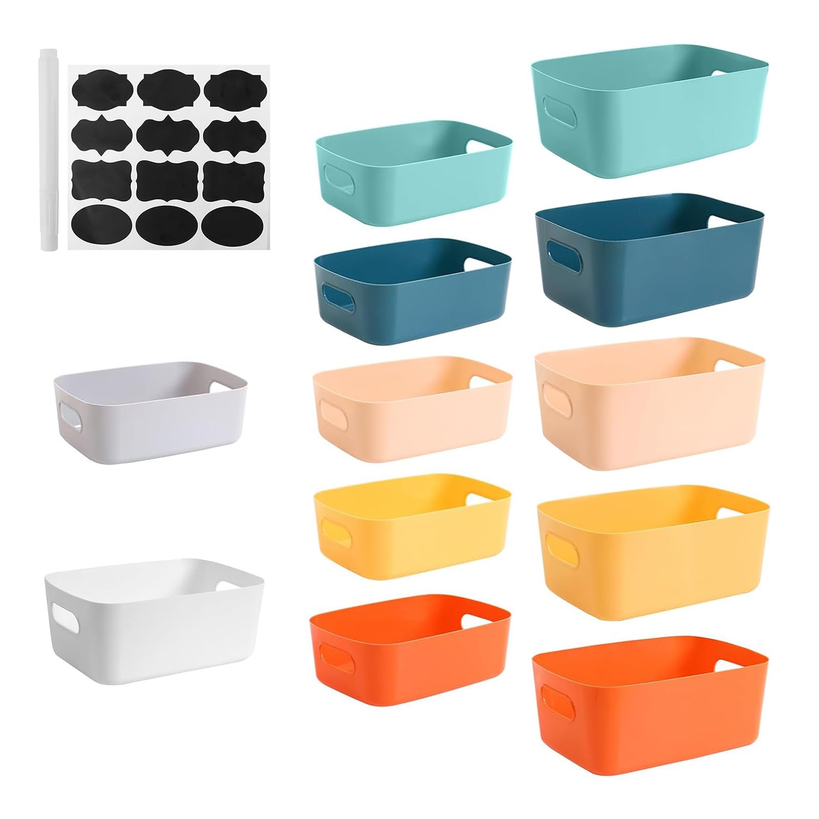 12 PCS Panier de Rangement en Plastique,Empilable Boîte,Couleurs Paniers de Rangement avec Poignées Pour Cuisine, Placard, Bureau, école et Maison (Multicolore,2 Taille)