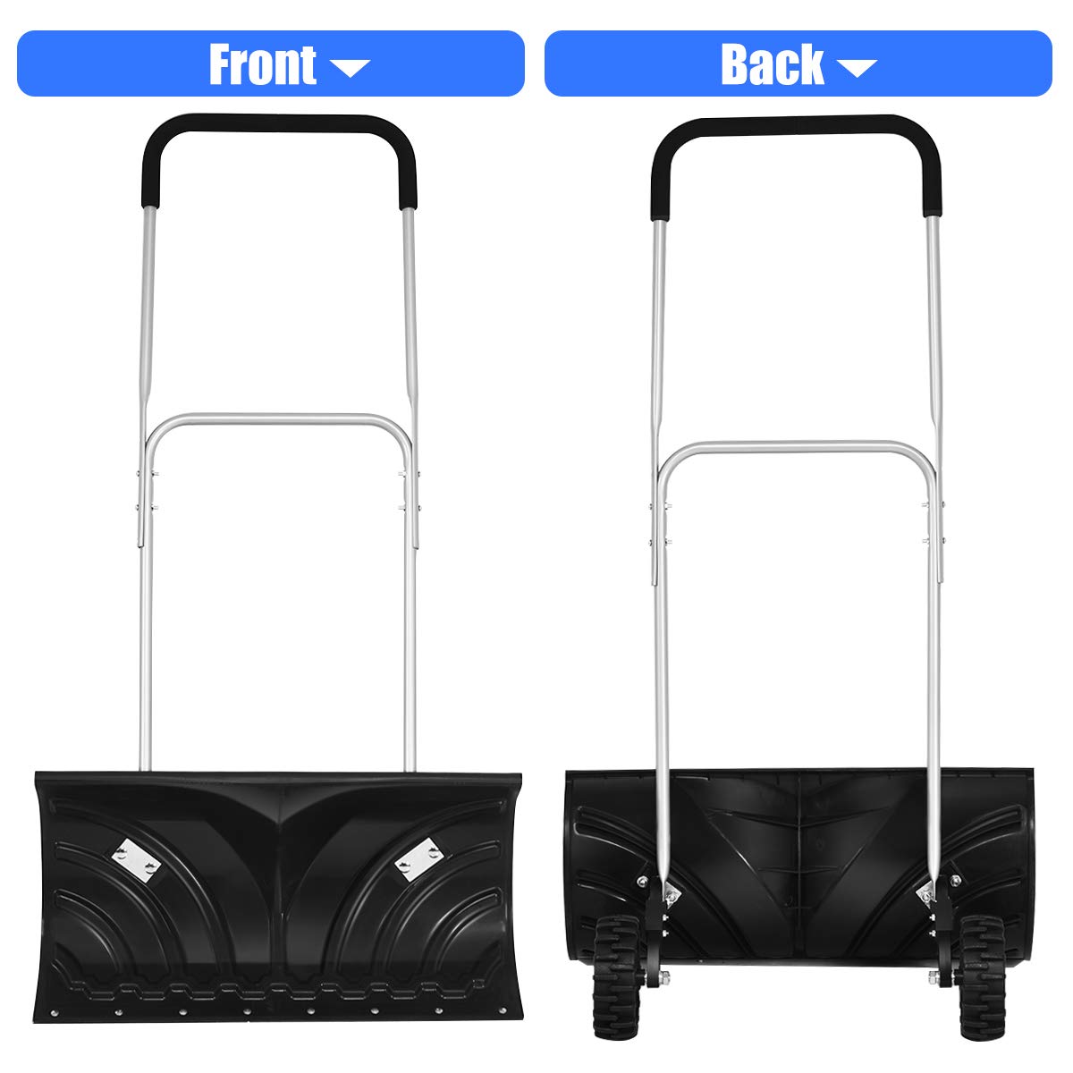 S AFSTAR Rolling Snow Pusher, Heavy Duty Wheeled Snow Plow w/ 6-Inch Wheels and Adjustable Handle, Rolling Snow Removal Tool for Drive Way Walkway Pavement Clearing