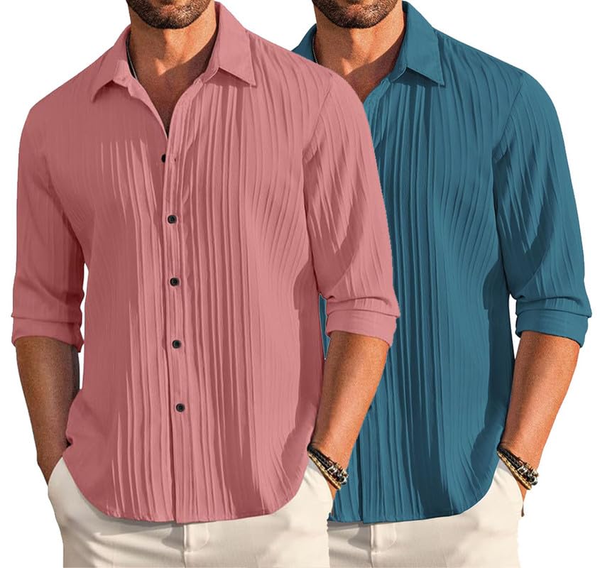 Image of DEELMO Combo of Men's Casual Button Down Shirts Long Sleeve Linen Shirt Fashion Textured Summer Shirts Pack of 2