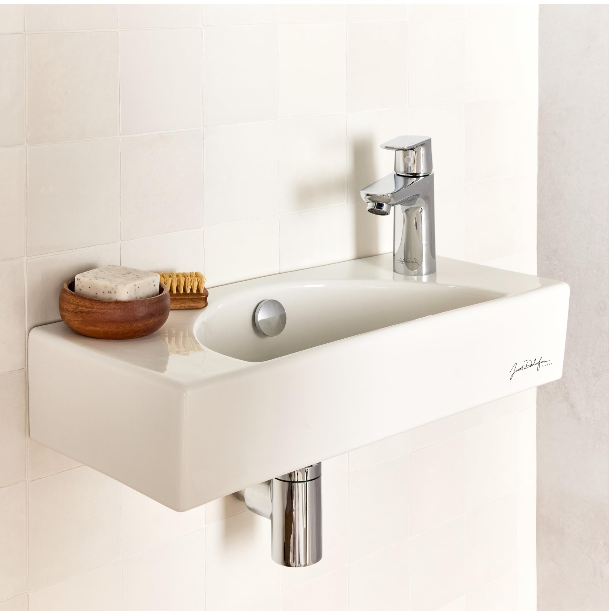 Lavabo céramique 50 cm JACOB DELAFON Trou de robinetterie à droite Nettoyage et entretien faciles ODEON RIVE GAUCHE EGO112-56-00
