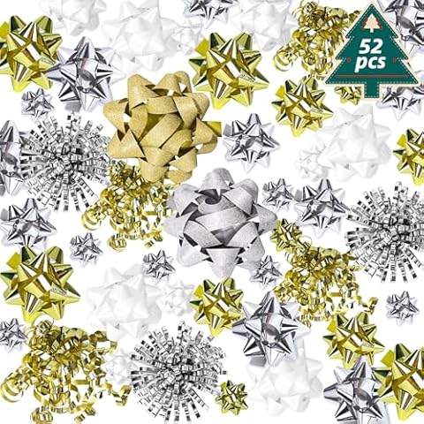 TOXOY 52PCS Christmas Gift Bows, Gold Silver White Assorted Size Present Bows, Self Adhesive Pull Bows 2 Rolls Curling Ribbons for Holiday Birthday Party, Christmas Presents and Birthday Gift Box Cover