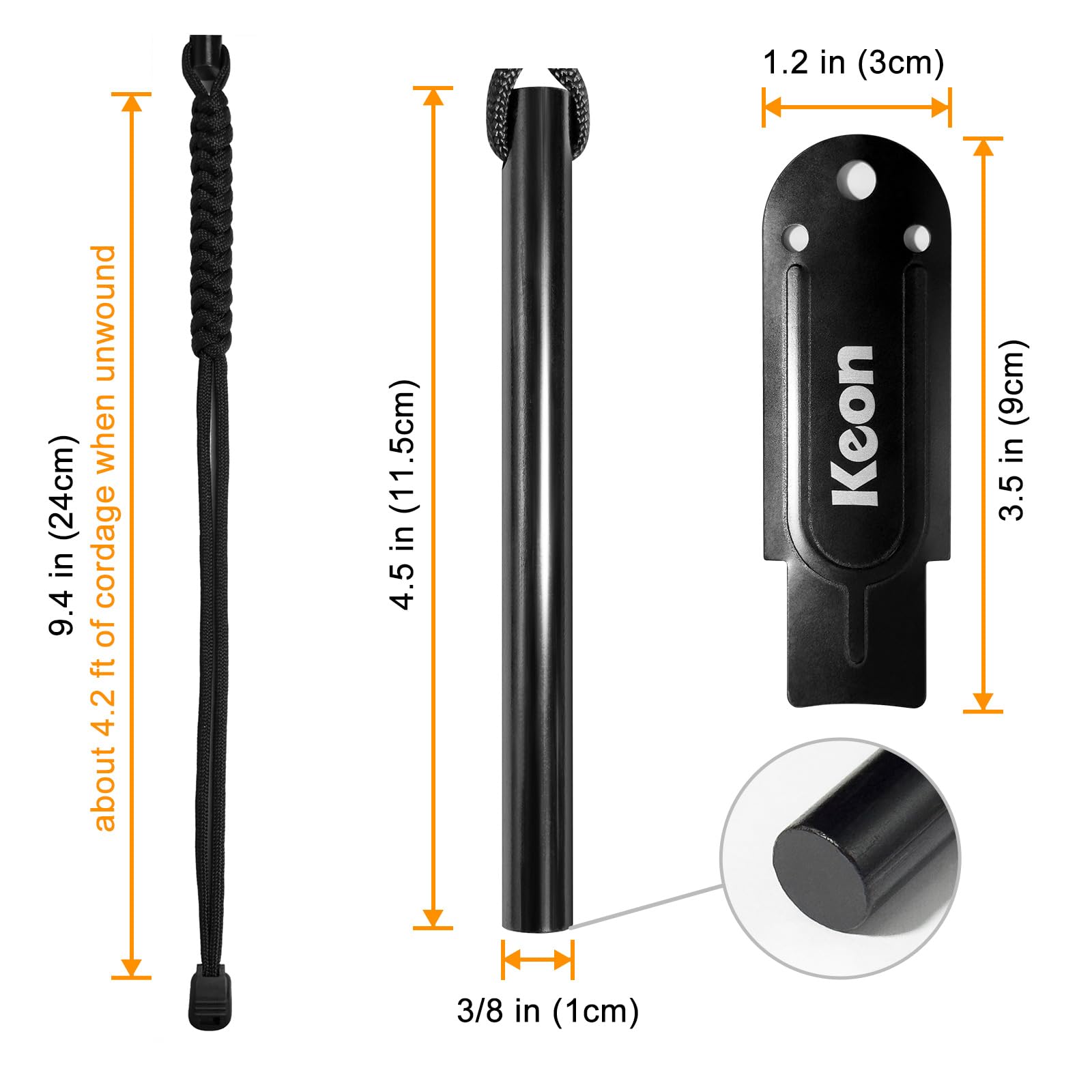 Keon Kit de iniciación de fuego de pedernal y acero, herramienta de supervivencia para arrancar fuego de ferro, 4.5 x 3/8 pulgadas con cordón de muñeca de paracaídas y golpeador (encendedor de