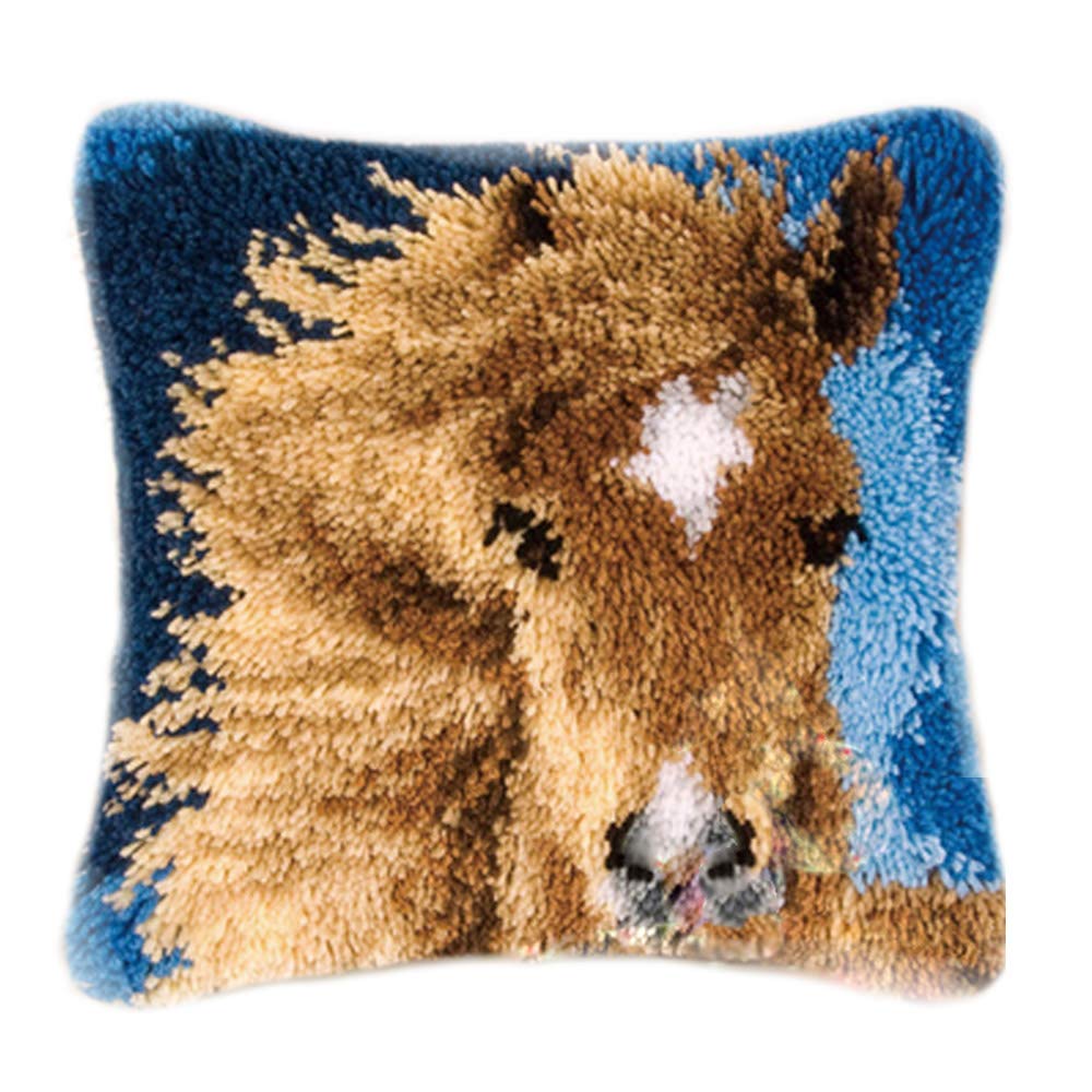 TQQT DIY Latch Hook Rug Kits Cushion Carpet Mat Cover Hand Craft Embroidery Pillowcase Crocheting Yarn Sewing Cartoon Handmade Baby Kids Adults Parents Gift Horse