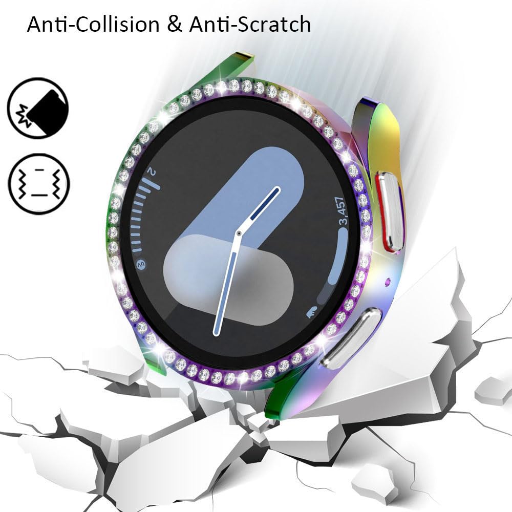 DEALELE [2-PACK] Case Compatible with Samsung Galaxy Watch 7 40mm, Bling Single-Row Diamond PC Protective Case Replacement Watch Cover Bumper (40mm, Rainbow+Transparent) — view 3