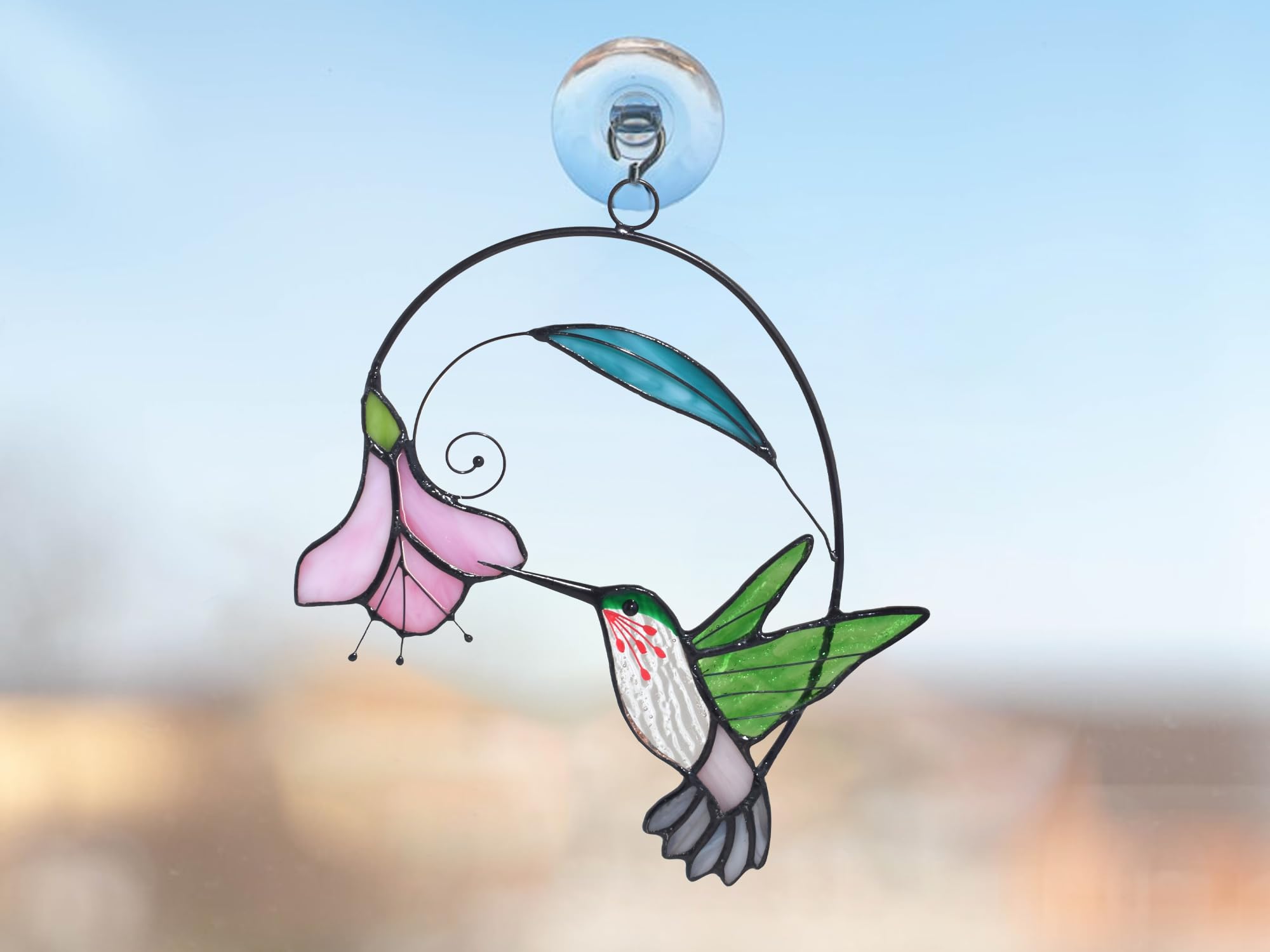 Lolitarcrafts Buntglas-Fensterbehang mit Blumen, Vogel-Sonnenfänger für Fensterdekoration, Kolibri-Geschenke für Mutter, Vogelliebhaber (Grün mit Blume A)