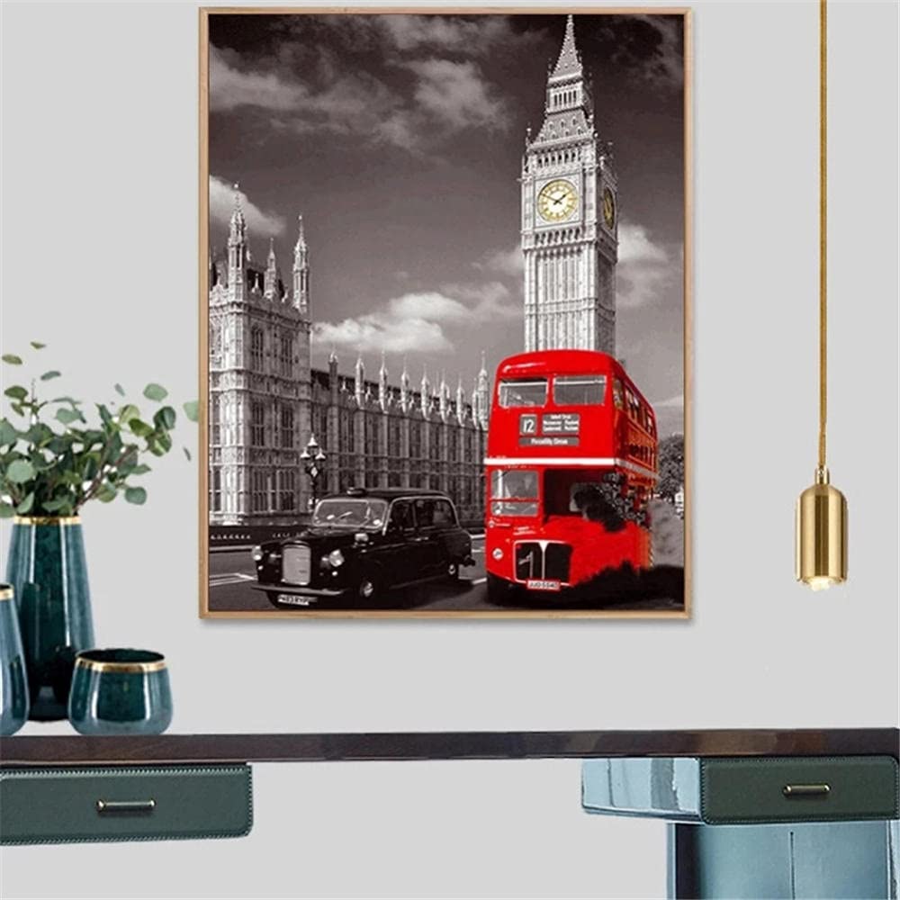 Diamond Painting Full Square Drill Point De Croix Bus de Londres,DIY 5D Broderie Diamant Peinture par Numéros Kit,Cristal Strass Adulte/enfant Diamant Art Crafts Home Wall Decor Gift(60x90cm,24x36in)