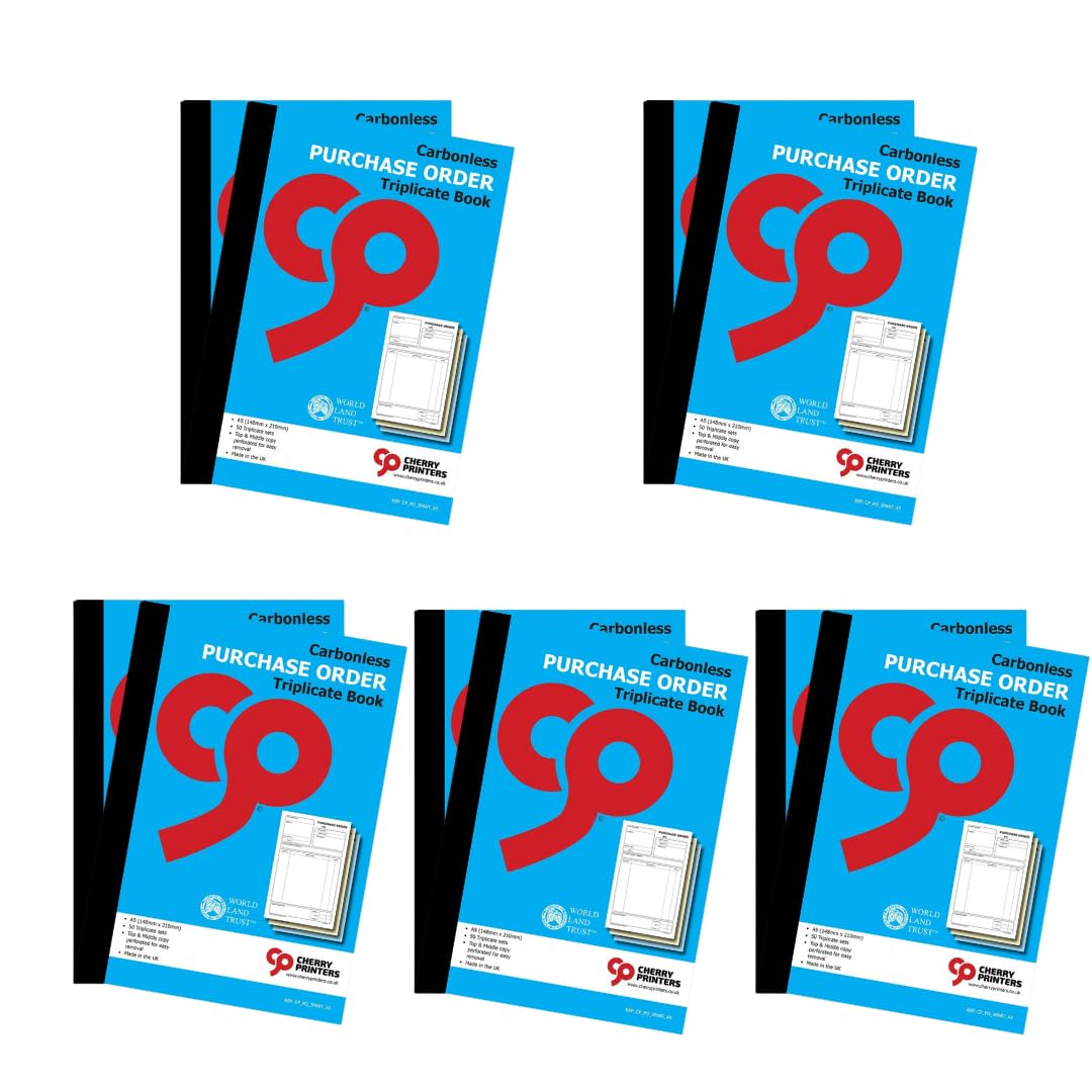 Cherry Printers | Carbonless Purchase Order Triplicate Book A5 | 3 Part Book | 50 Triplicate Sets | Perforated Easy Tear Copies | Purchase Order Forms for Business Office Self Employed **10 Pack**