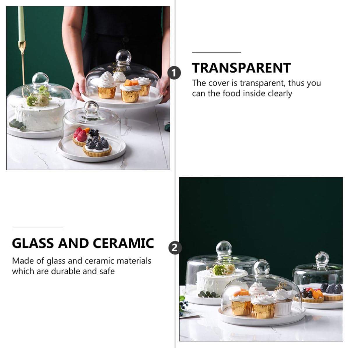 POPETPOP Bandeja para Tartas Soporte Dustproof con Tapa Transparente de Vidrio y Cerámica de Color Claro Diseño Delicado y Funcional Adecuado para Fiestas y Bodas