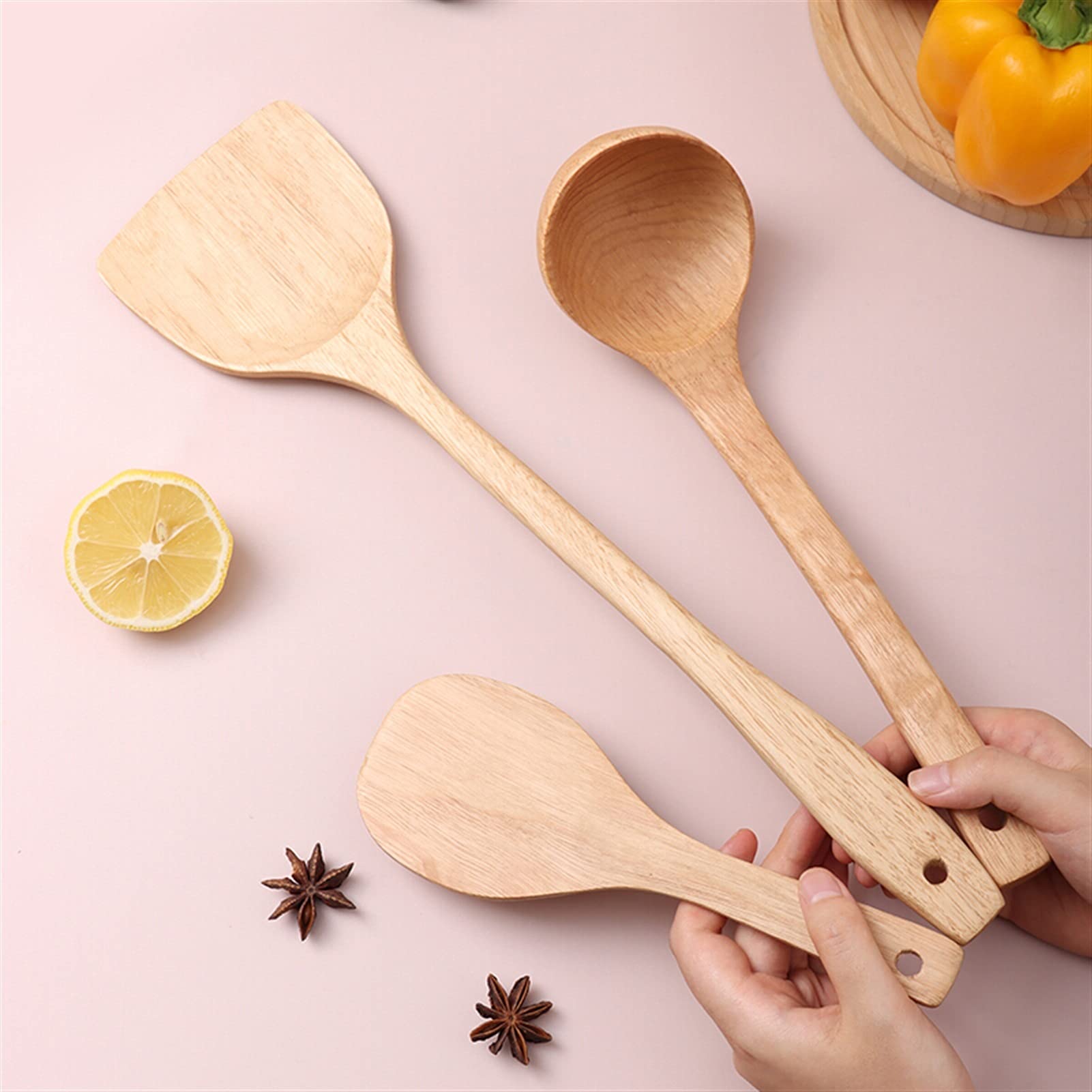 Espátula Juego de espátula de madera Juego de utensilios de cocina de madera - Pala de madera para el hogar Cuchara de sopa Cuchara de arroz Espátula antiadherente Juego de tres piezas Espátula de c