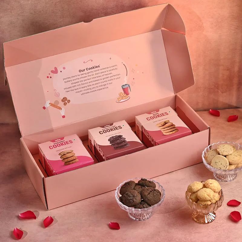 Bakingo Premium Gift Hamper of Set of 3 Assorted Cookies (Choco Chip, Jeera & Coconut) In Box For Birthday Gift, Anniversary Gift, Christmas Gift & New Year Gift (Same Day Delivery)