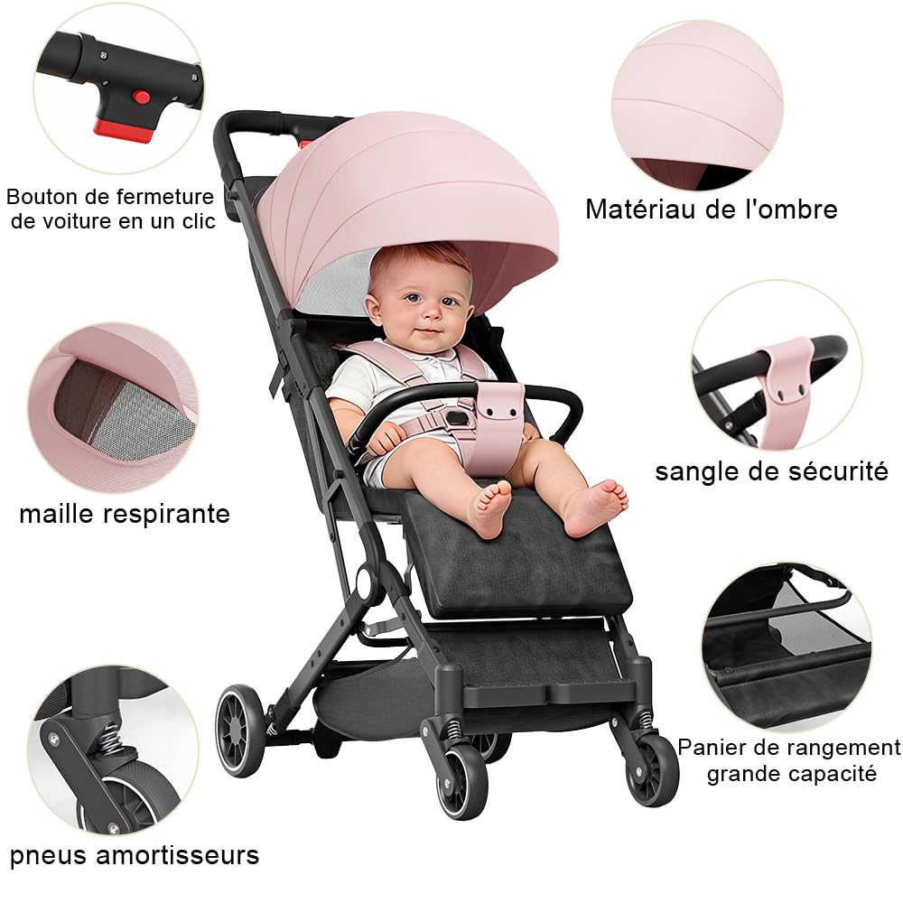 Ultra kompaktowy, wygodny i lekki wózek, od urodzenia do 4 lat, 0-15 kg, uniwersalne siedzisko dla wszystkich stopni (różowy)