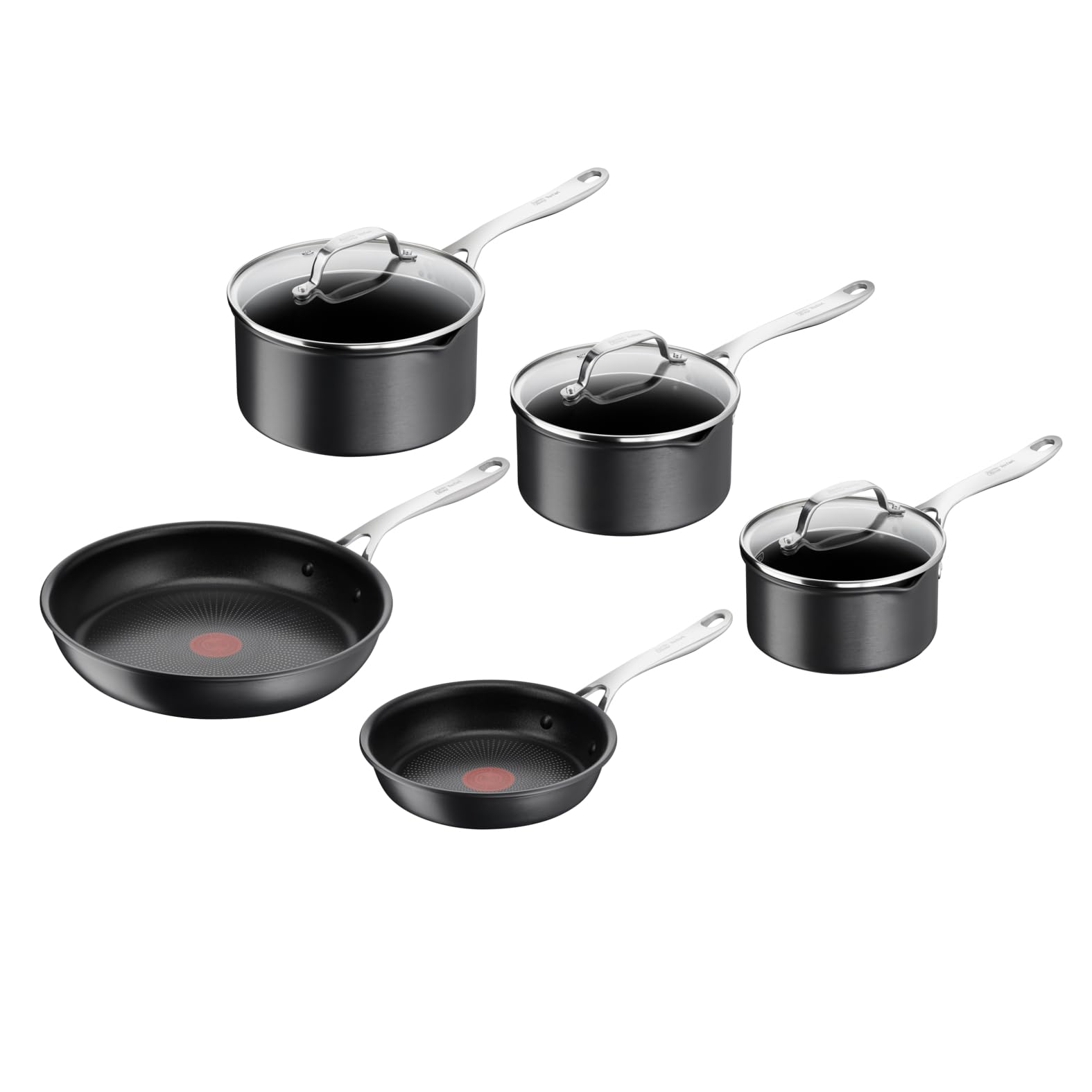 Jamie Oliver by Tefal Cook's Direct Kochgeschirr-Set, 5-tlg., Pfannenset induktionsgeeignet und backofenfest, langlebige Antihaftbeschichtung, harteloxiertes Material, Thermo-Signal, Schwarz, E017S555