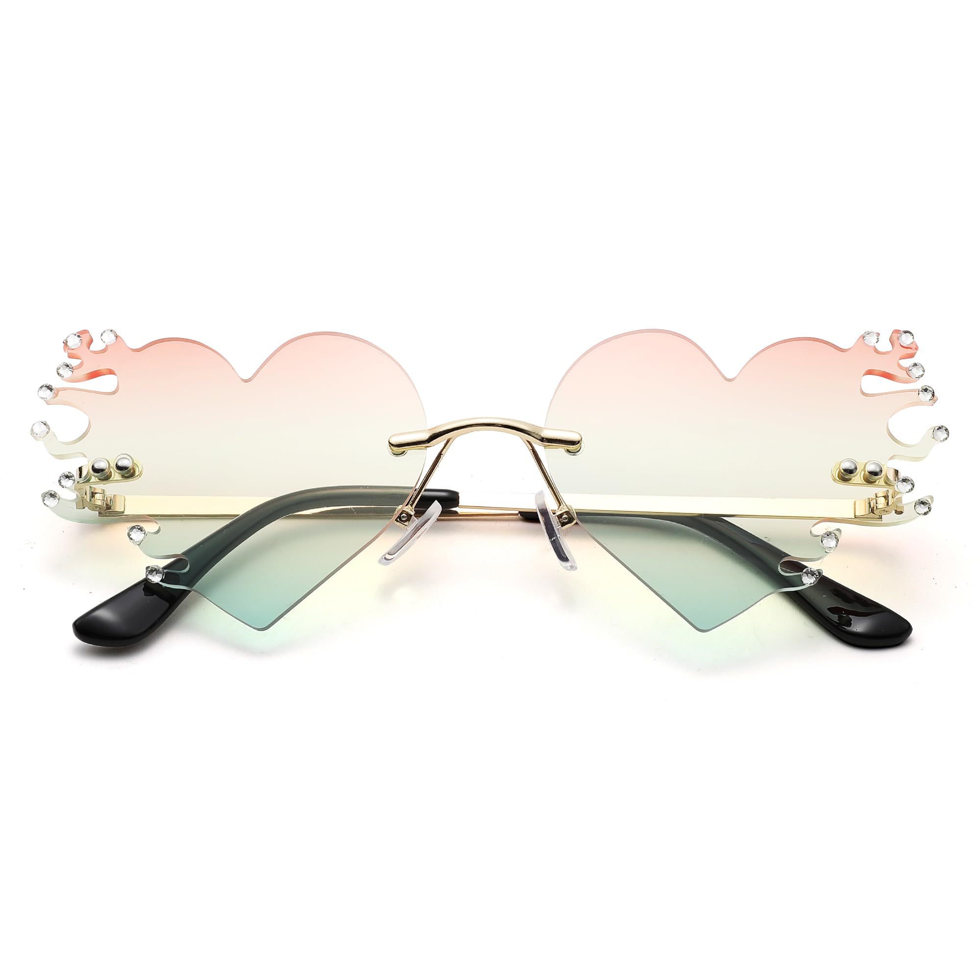 COASION Red Melting Heart Fire Flame Glasses for Women Men Rimless Halloween Costume Sunglasses Shades with Rhinestone