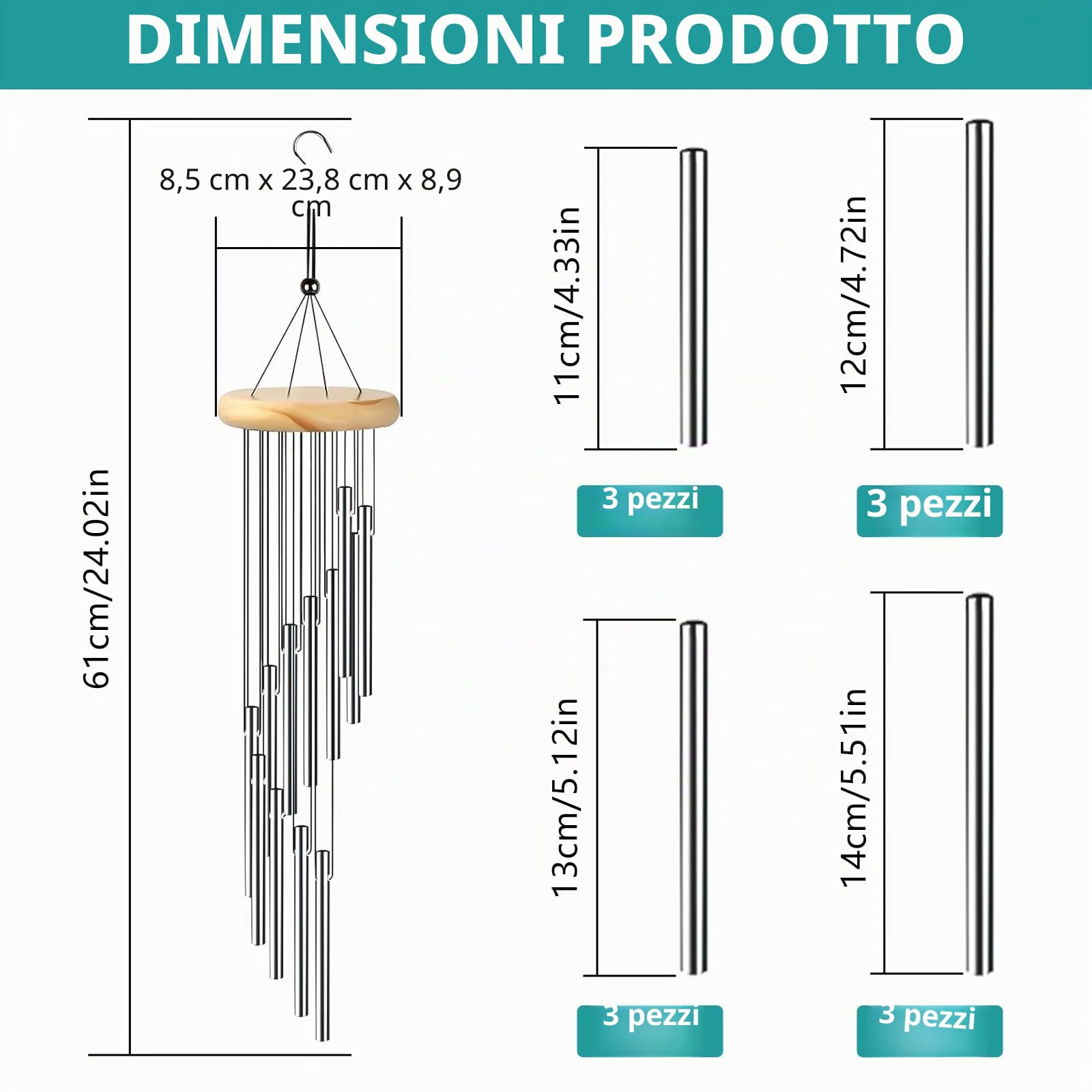 2 Pezzi Scacciapensieri, con 24 Tubi in Lega di Alluminio Campanelli Eolici, Scacciapensieri da Esterno per Giardino, Cortile, Patio e Decorazioni la Casa